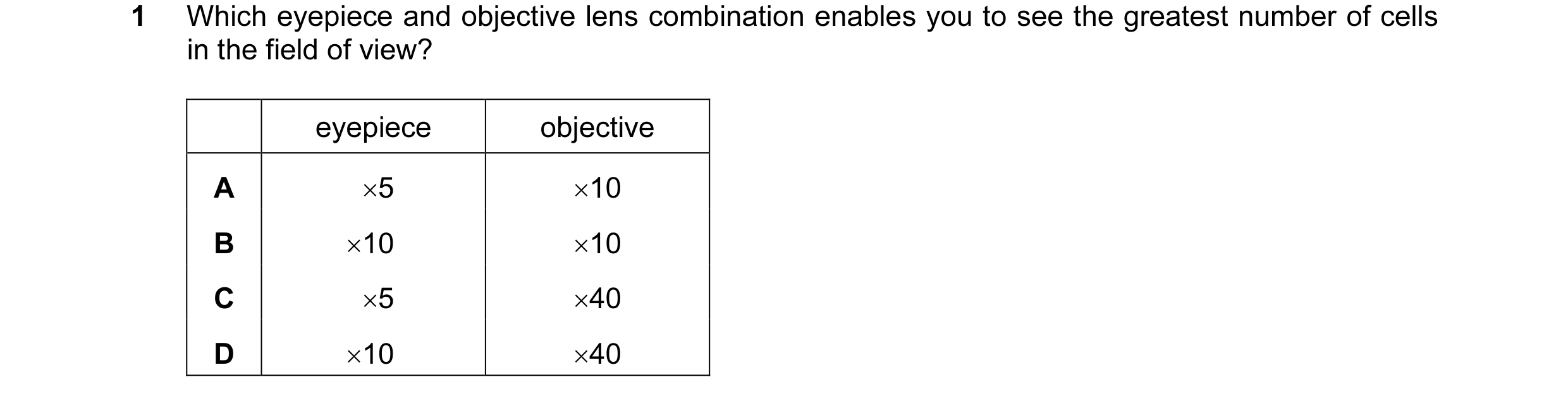 Question 13: Which eyepiece and objective lens combination enables you to see the greatest number of cells in the field of view? eyepiece objective A ×5…