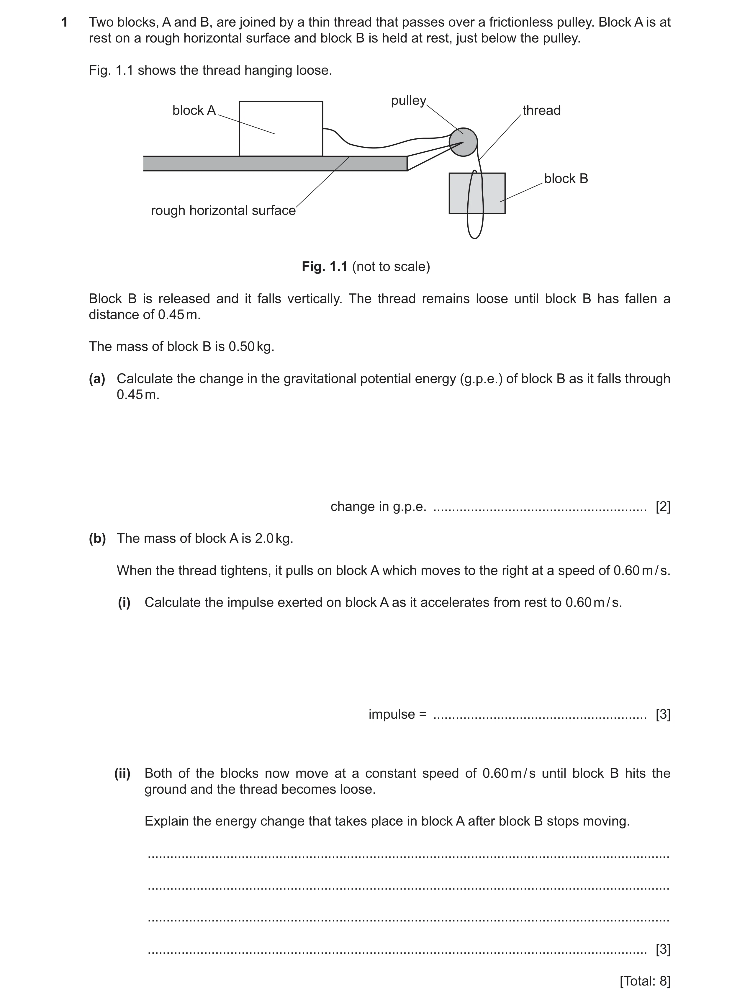 Question 19: Two blocks, A and B, are joined by a thin thread that passes over a frictionless pulley. Block A is at rest on a rough horizontal surface a…