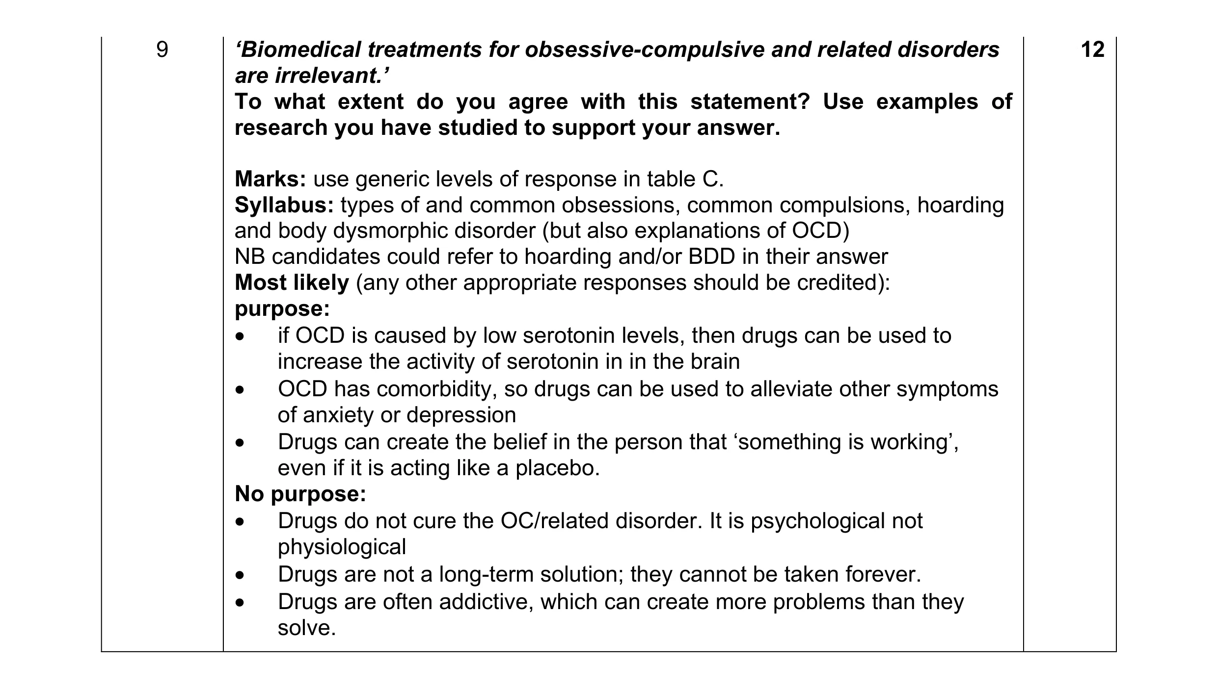 Mark scheme for question 10