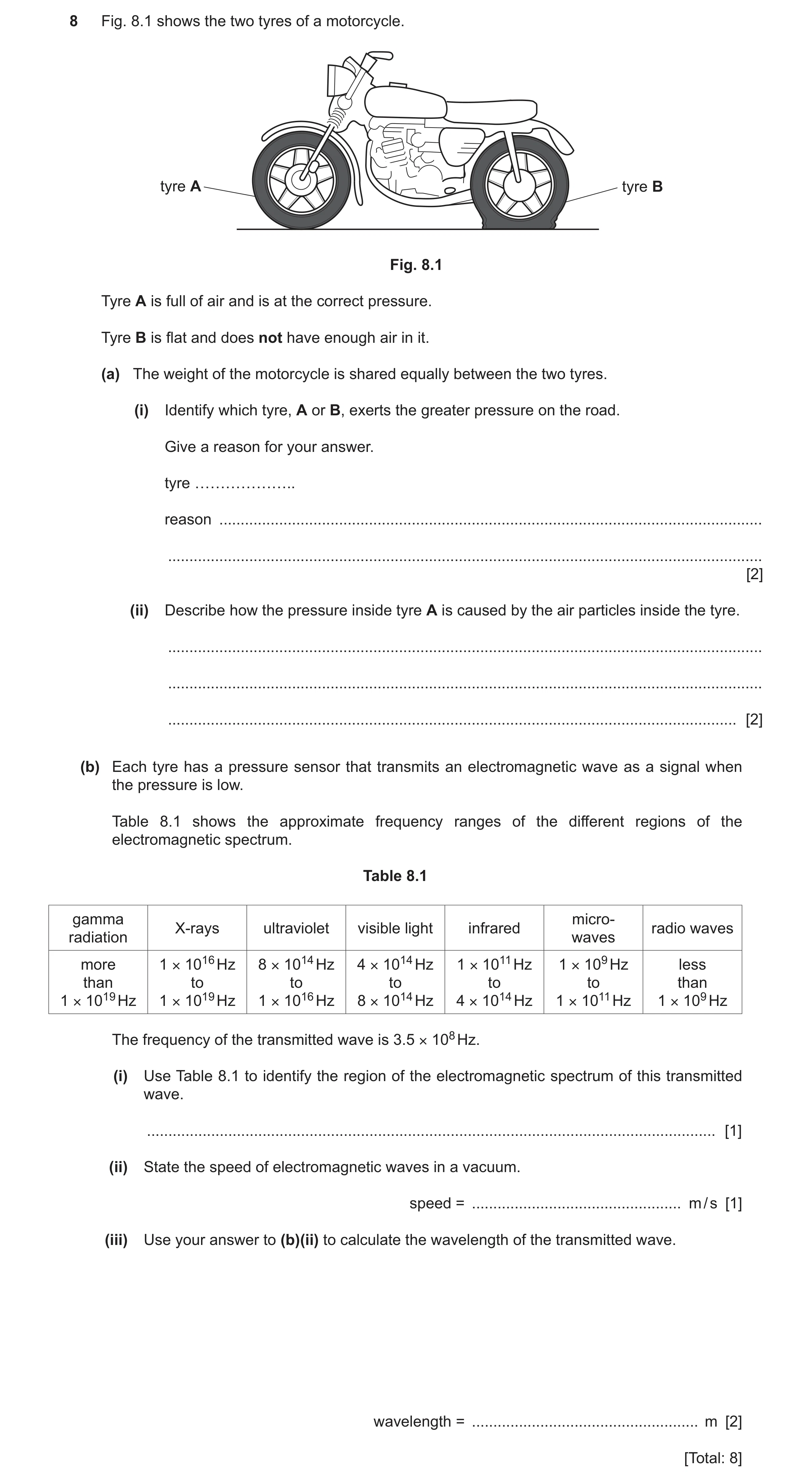Question 29: Fig. 8.1 shows the two tyres of a motorcycle. tyre A tyre B Fig. 8.1 Tyre A is full of air and is at the correct pressure. Tyre B is flat a…