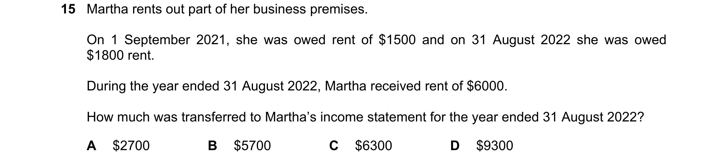 Question 37: Martha rents out part of her business premises. On 1 September 2021, she was owed rent of $1500 and on 31 August 2022 she was owed $1800 re…