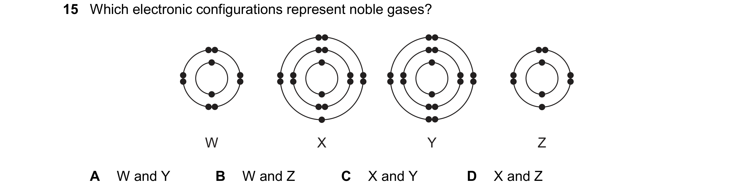 Question 35: Which electronic configurations represent noble gases? W X Y Z A W and Y B W and Z C X and Y D X and Z