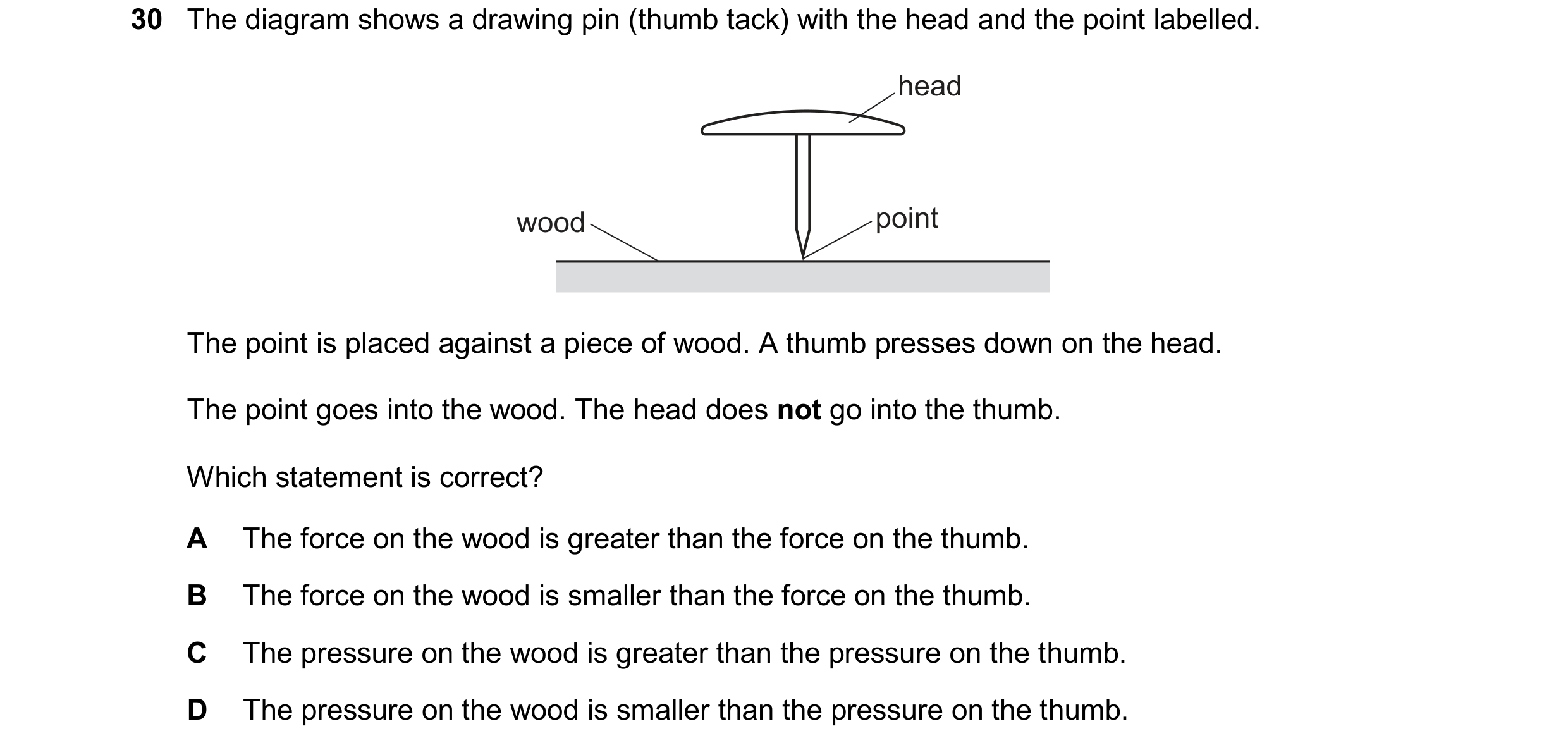 Question 15: The diagram shows a drawing pin (thumb tack) with the head and the point labelled. head wood point The point is placed against a piece of w…