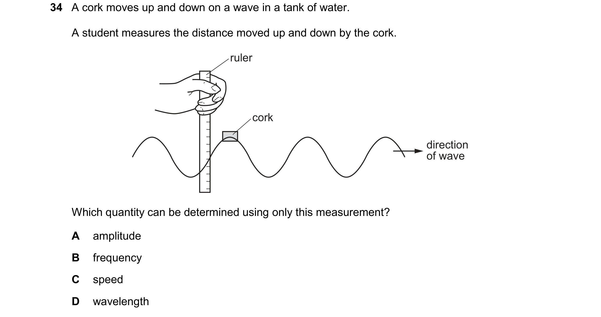 Question 64: A cork moves up and down on a wave in a tank of water. A student measures the distance moved up and down by the cork. ruler cork direction …