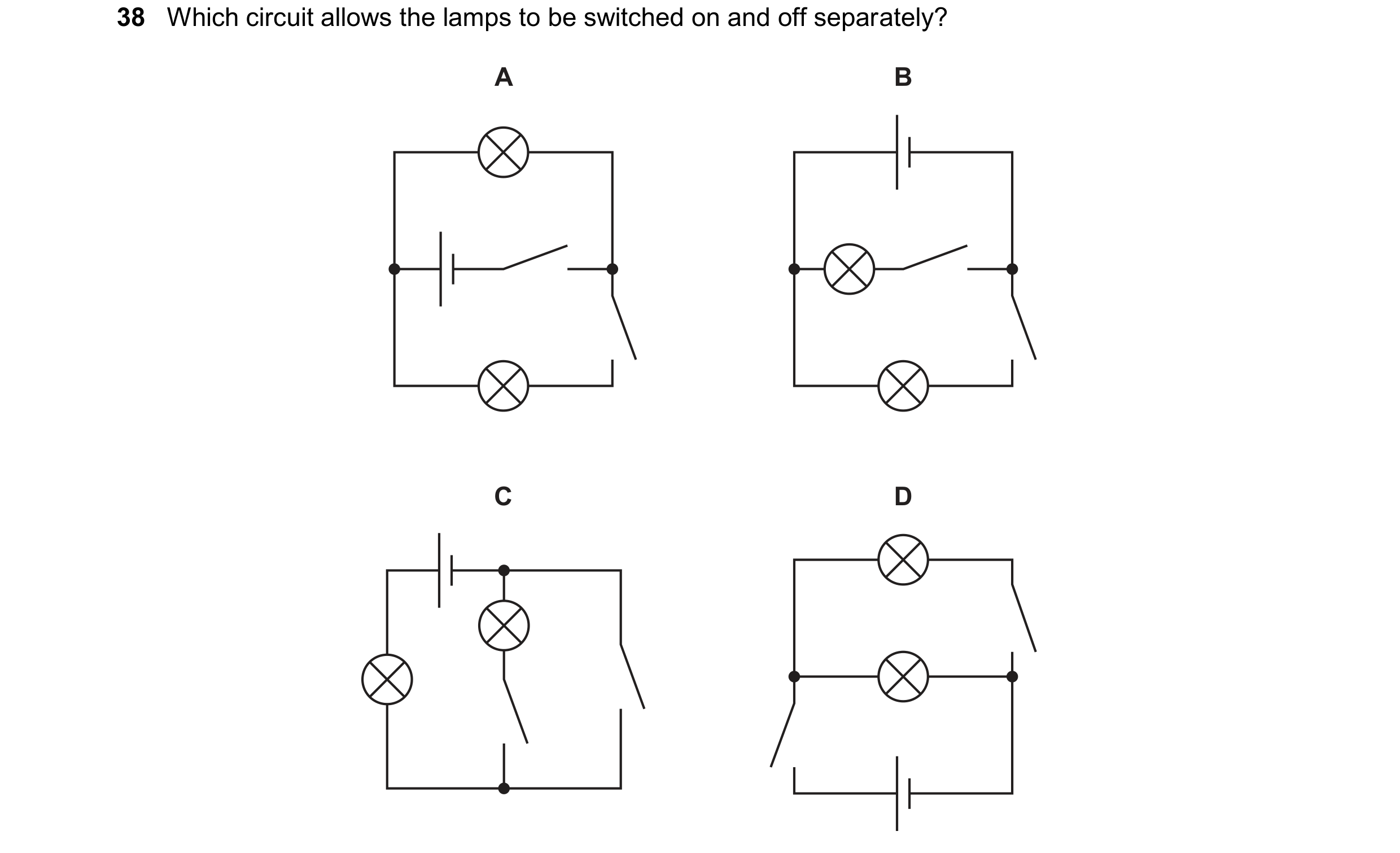Question 191: Which circuit allows the lamps to be switched on and off separately? A B C D