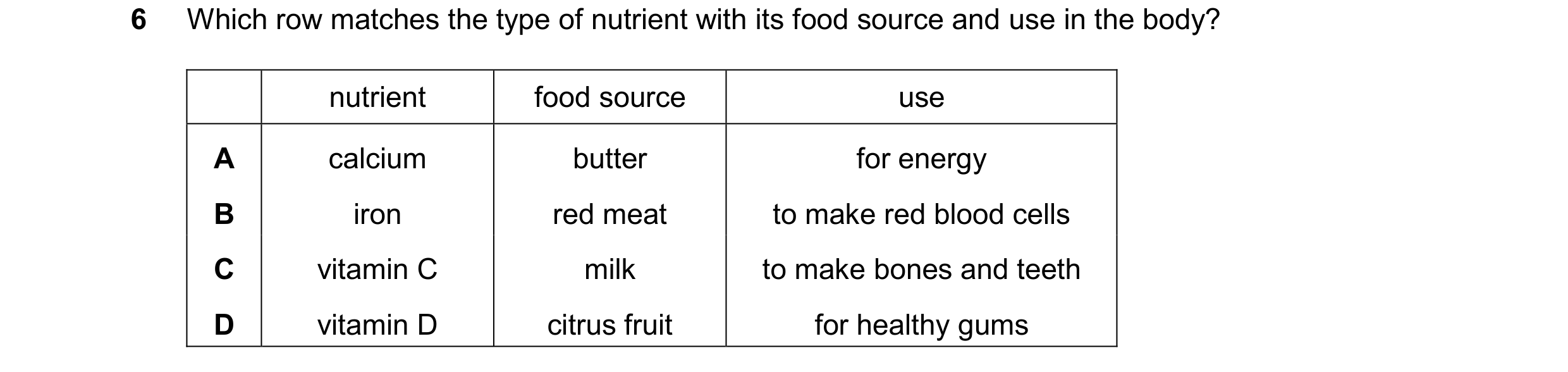 Question 40: Which row matches the type of nutrient with its food source and use in the body? nutrient food source use A calcium butter for energy B iro…