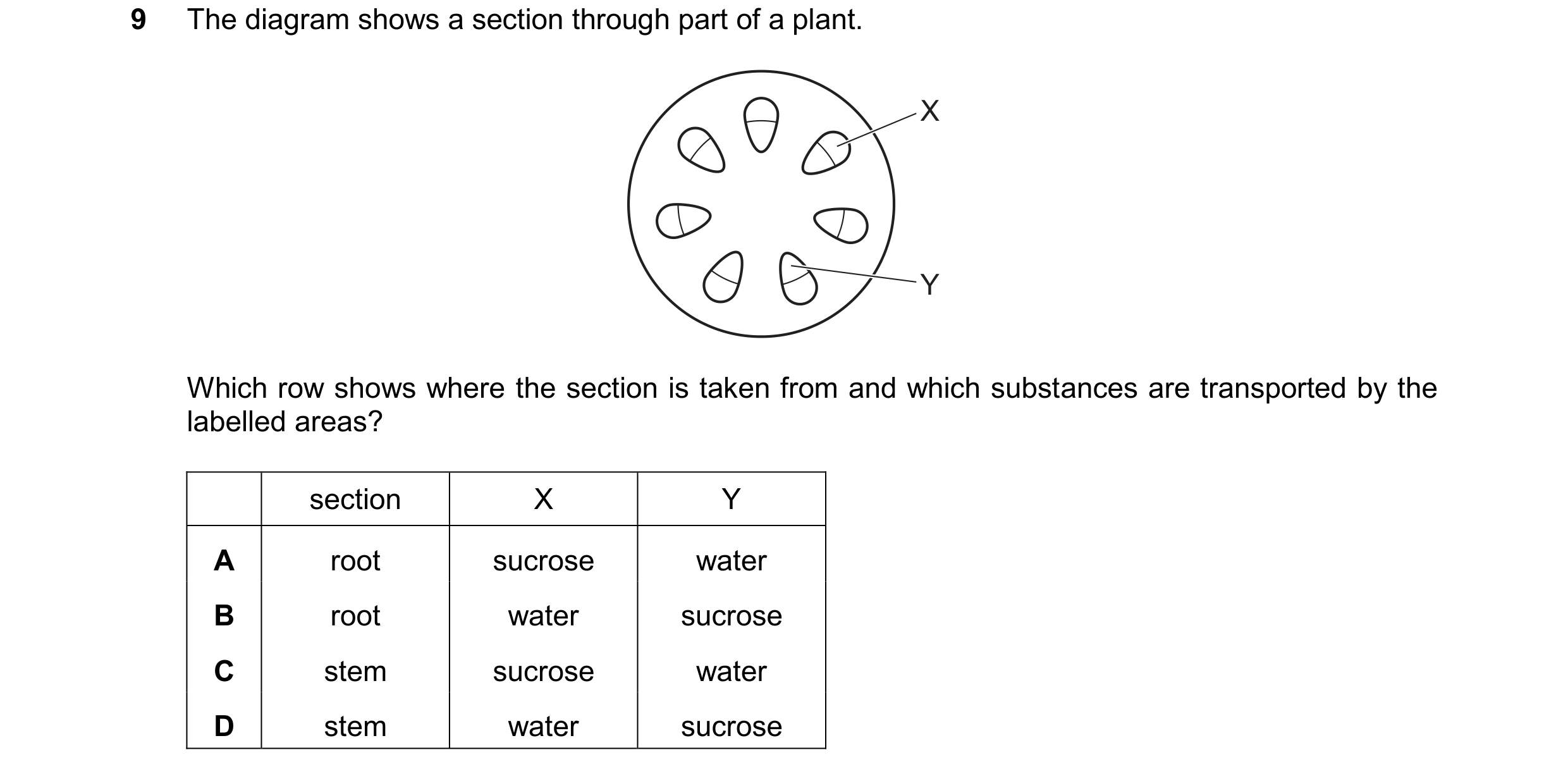 Question 27: The diagram shows a section through part of a plant. X Y Which row shows where the section is taken from and which substances are transport…