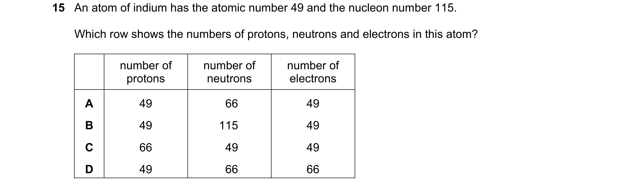 Question 9: An atom of indium has the atomic number 49 and the nucleon number 115. Which row shows the numbers of protons, neutrons and electrons in th…