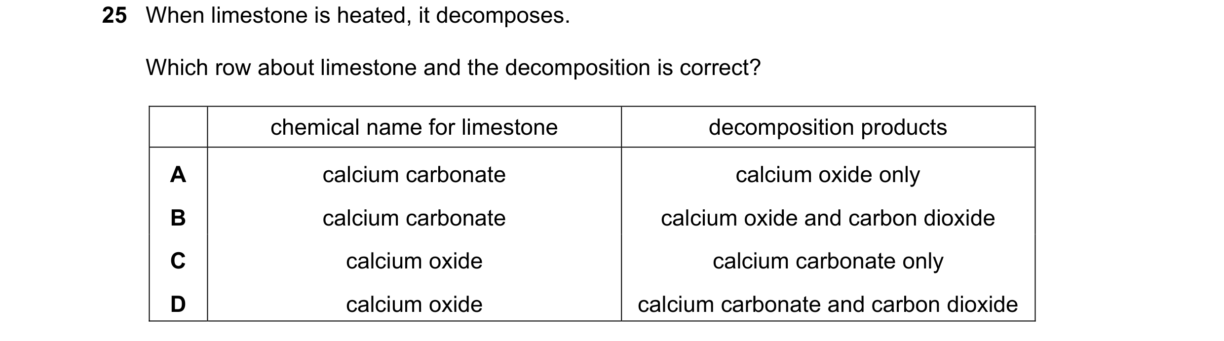 Question 23: When limestone is heated, it decomposes. Which row about limestone and the decomposition is correct? chemical name for limestone decomposit…