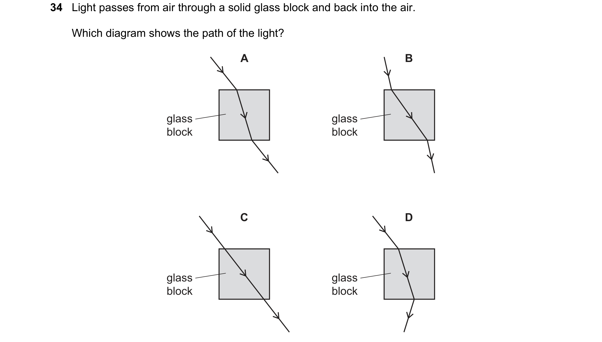 Question 45: Light passes from air through a solid glass block and back into the air. Which diagram shows the path of the light? A B glass glass block b…