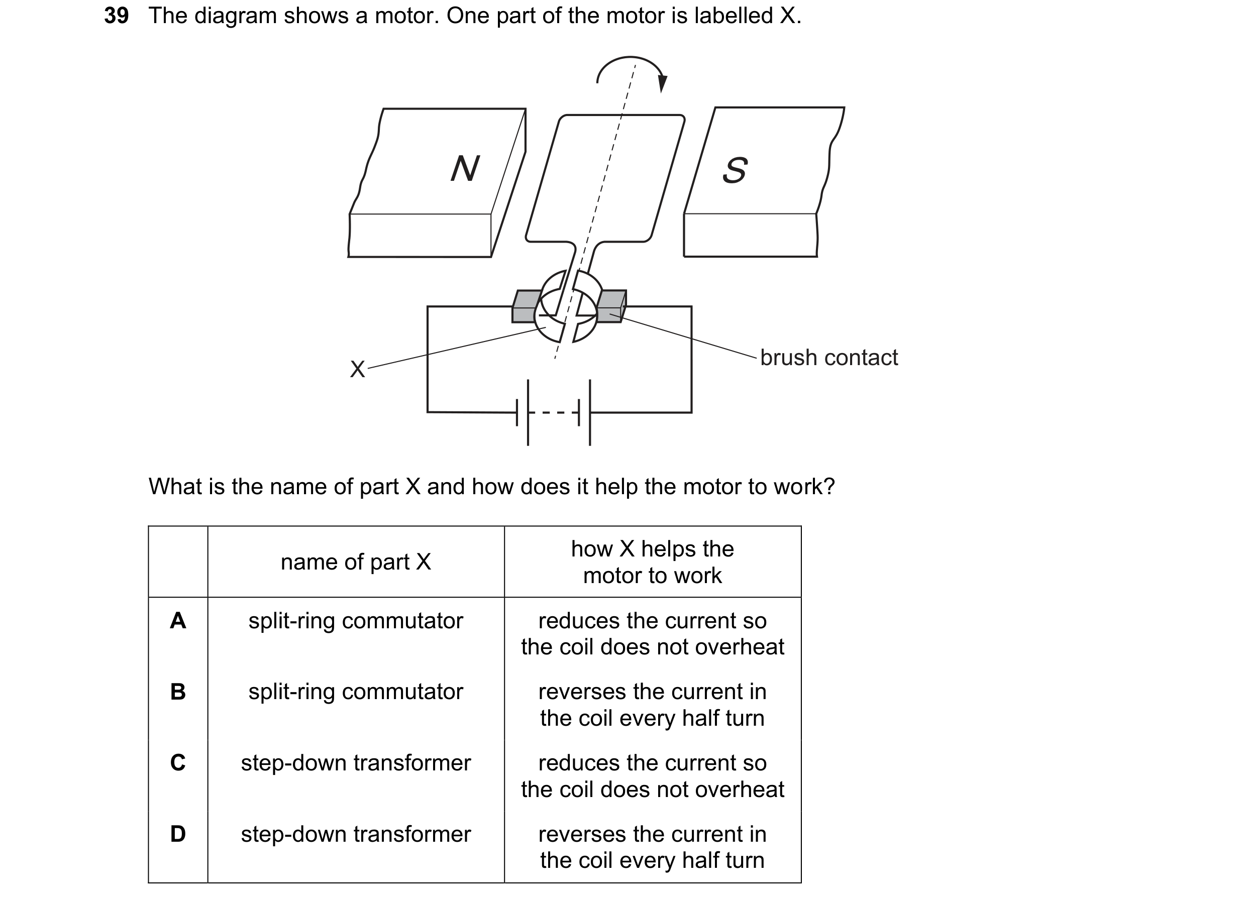 Question 36: The diagram shows a motor. One part of the motor is labelled X. N S brush contact X What is the name of part X and how does it help the mot…