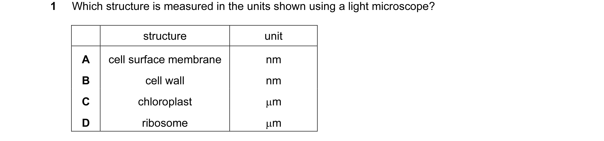 Question 71: Which structure is measured in the units shown using a light microscope? structure unit A cell surface membrane nm B cell wall nm C chlorop…