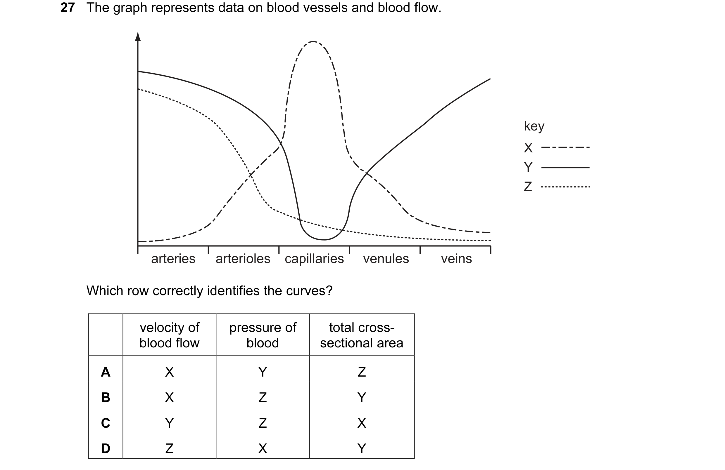 Question 41: The graph represents data on blood vessels and blood flow. key X Y Z arteries arterioles capillaries venules veins Which row correctly iden…