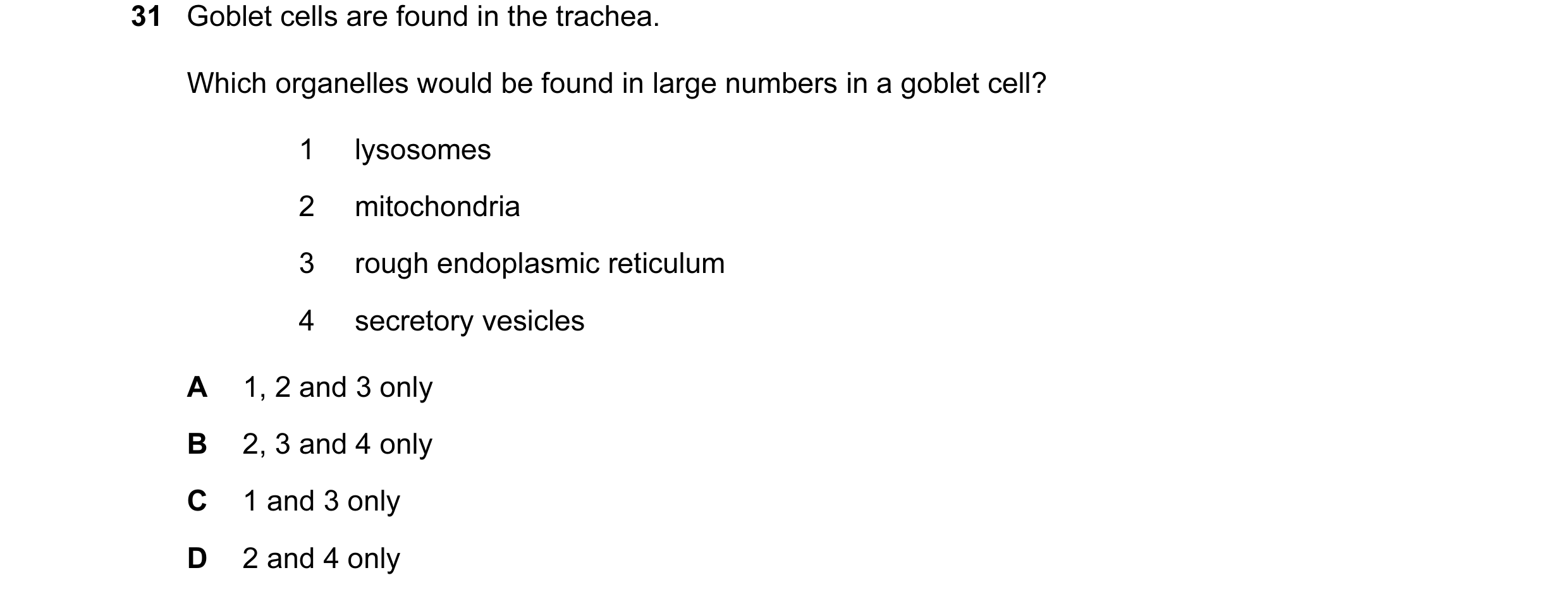 Question 89: Goblet cells are found in the trachea. Which organelles would be found in large numbers in a goblet cell? 1 lysosomes 2 mitochondria 3 roug…