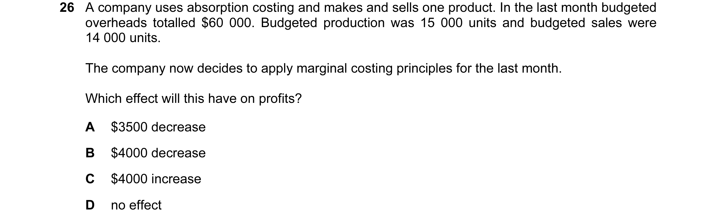 Question 94: A company uses absorption costing and makes and sells one product. In the last month budgeted overheads totalled $60 000. Budgeted producti…