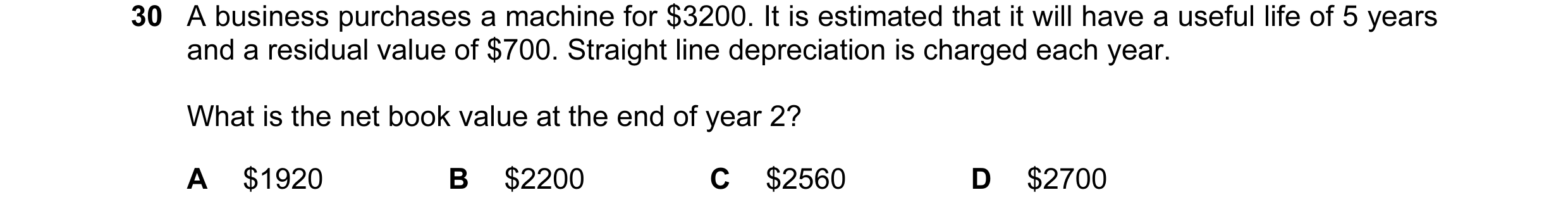 Question 42: A business purchases a machine for $3200. It is estimated that it will have a useful life of 5 years and a residual value of $700. Straight…