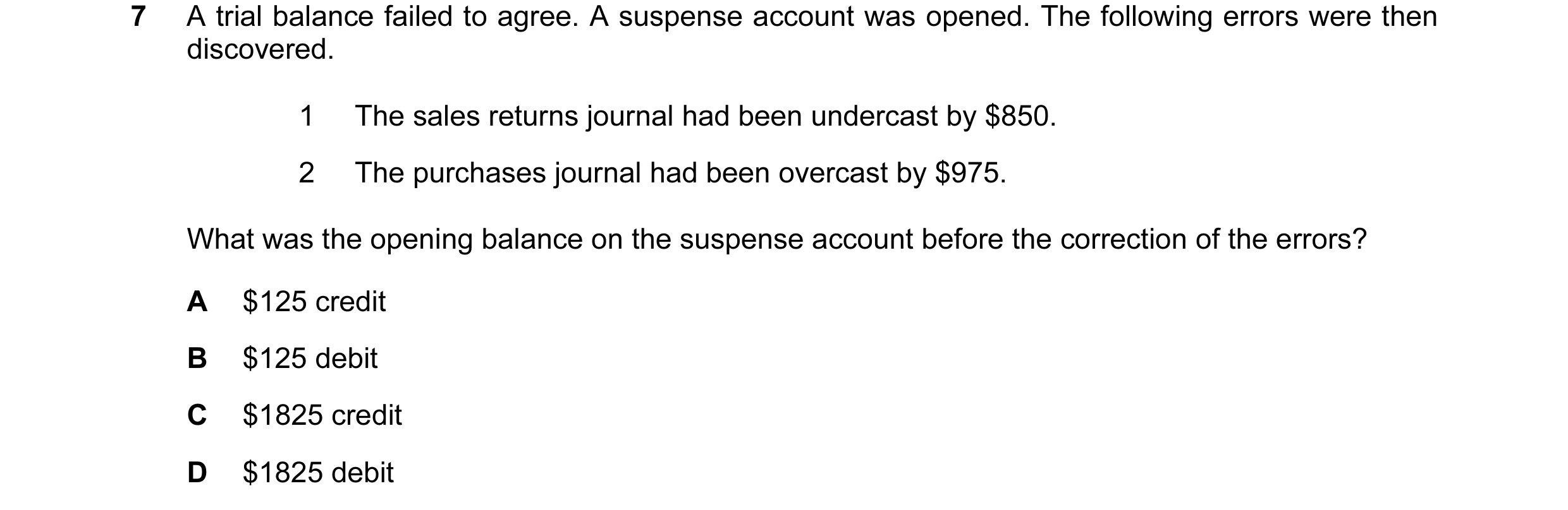 Question 113: A trial balance failed to agree. A suspense account was opened. The following errors were then discovered. 1 The sales returns journal had …