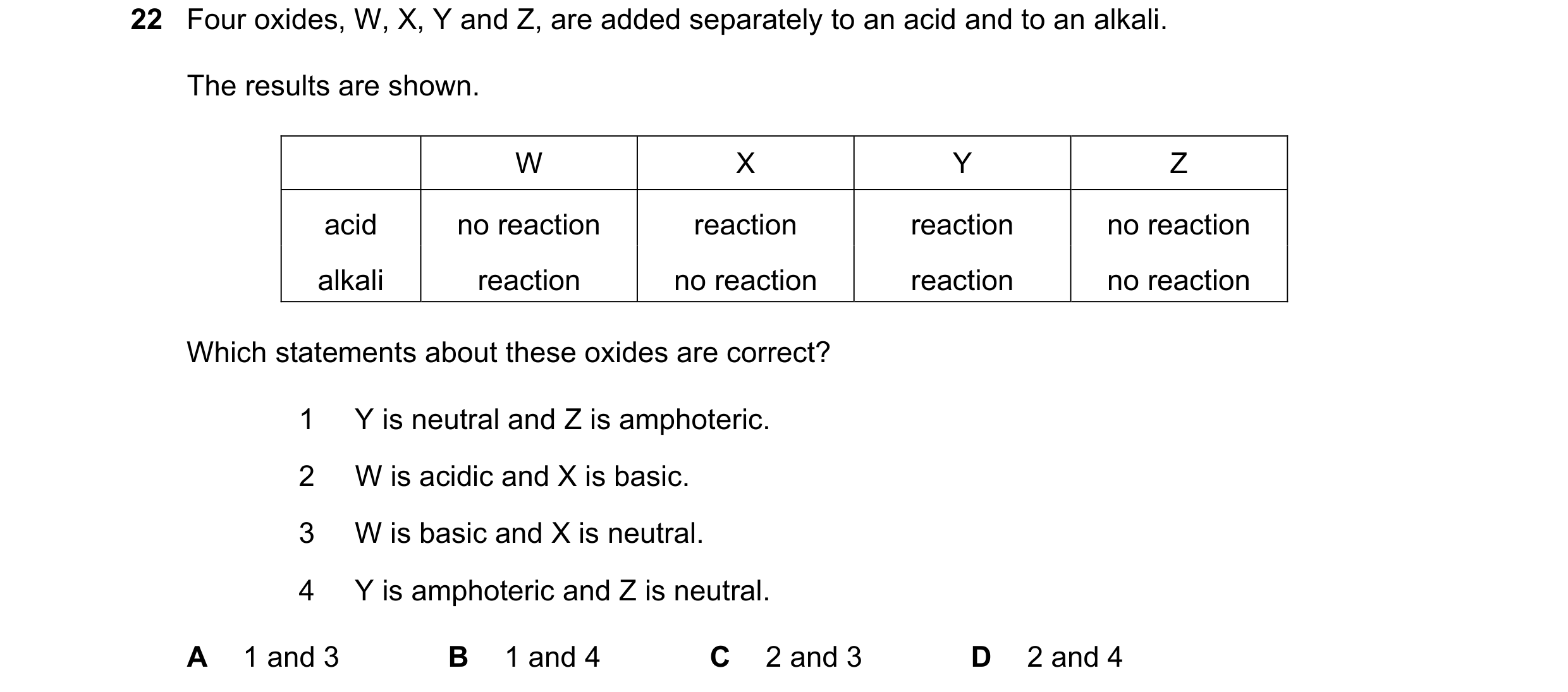 Question 8: Four oxides, W, X, Y and Z, are added separately to an acid and to an alkali. The results are shown. W X Y Z acid no reaction reaction reac…