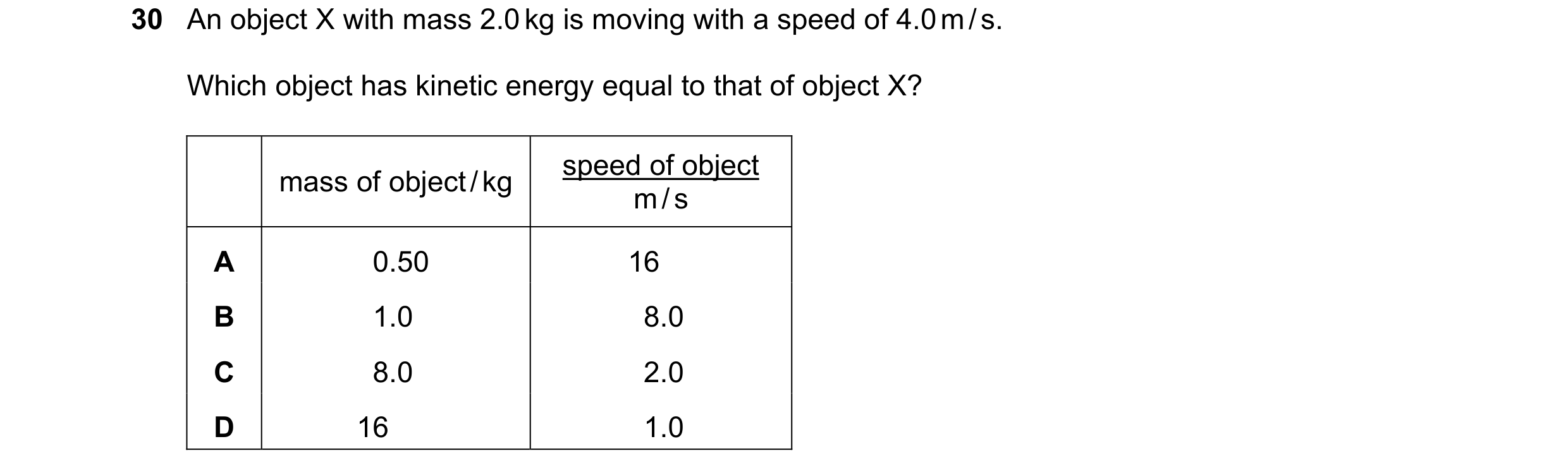 Question 19: An object X with mass 2.0 kg is moving with a speed of 4.0 m / s. Which object has kinetic energy equal to that of object X? speed of objec…