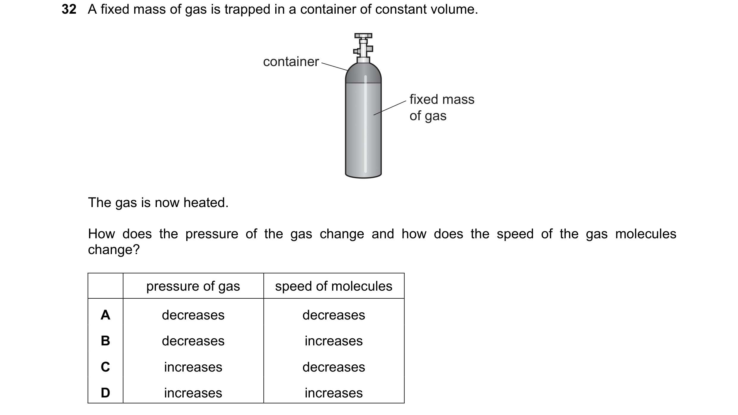 Question 8: A fixed mass of gas is trapped in a container of constant volume. container fixed mass of gas The gas is now heated. How does the pressure …