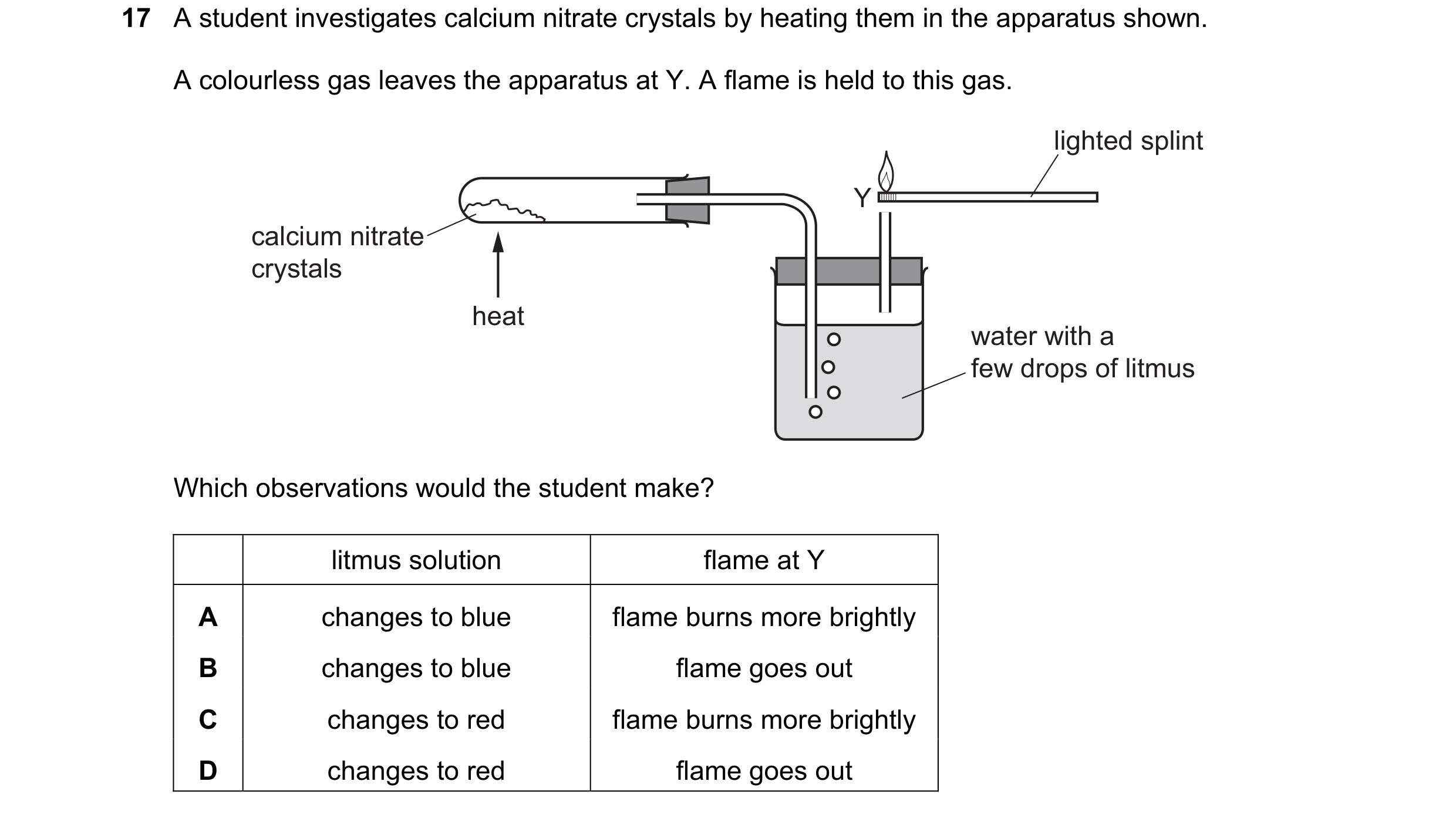 Question 170: A student investigates calcium nitrate crystals by heating them in the apparatus shown. A colourless gas leaves the apparatus at Y. A flame…