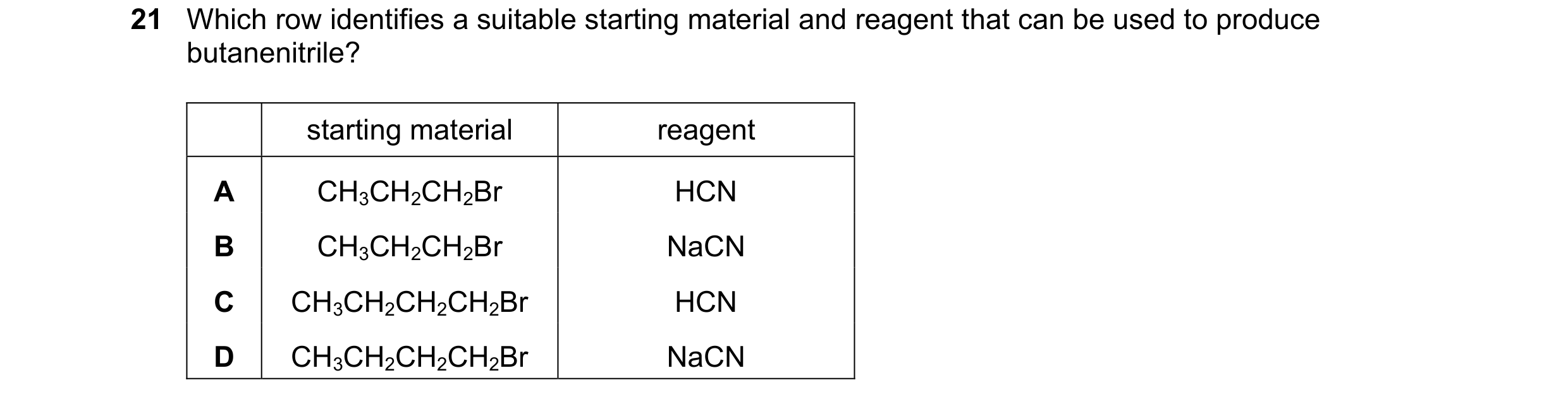Question 173: Which row identifies a suitable starting material and reagent that can be used to produce butanenitrile? starting material reagent A CH3CH2…