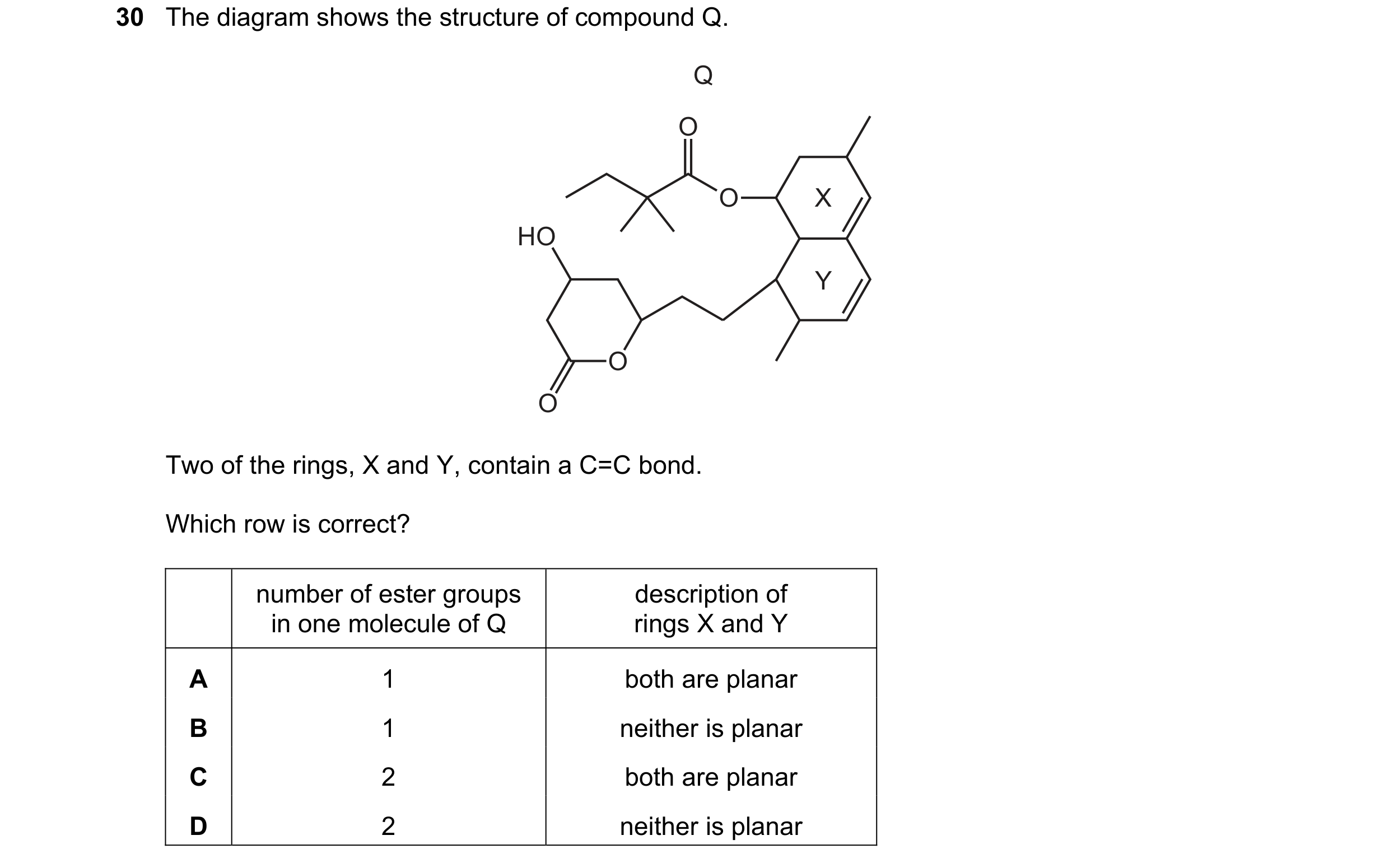 Question 109: The diagram shows the structure of compound Q. Q O O X HO Y O O Two of the rings, X and Y, contain a C=C bond. Which row is correct? number…
