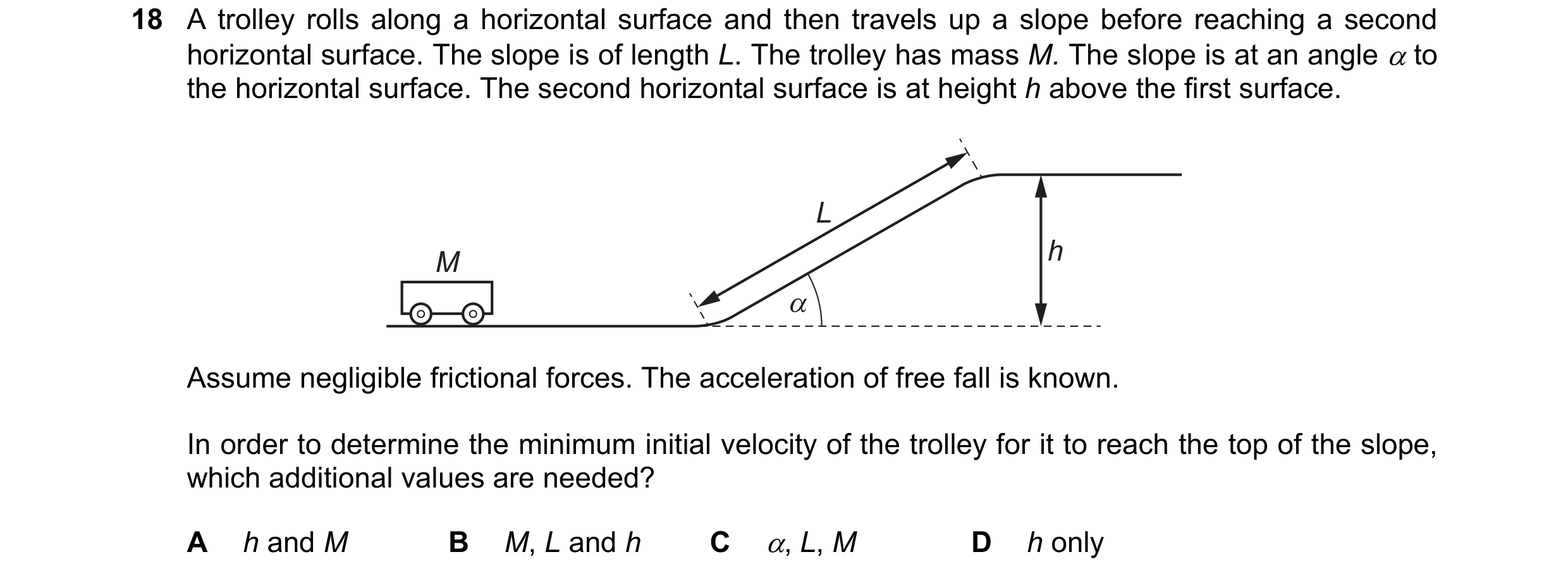 Question 85: A trolley rolls along a horizontal surface and then travels up a slope before reaching a second horizontal surface. The slope is of length …