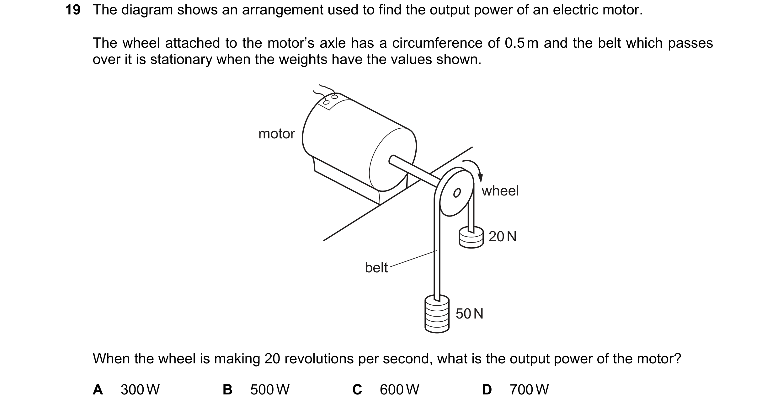 Question 141: The diagram shows an arrangement used to find the output power of an electric motor. The wheel attached to the motor’s axle has a circumfer…