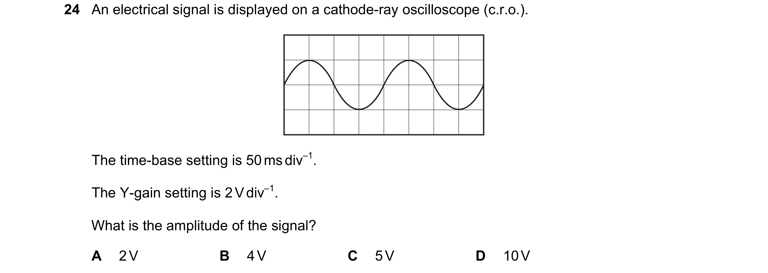 Question 82: An electrical signal is displayed on a cathode-ray oscilloscope (c.r.o.). The time-base setting is 50 ms div–1. The Y-gain setting is 2 V d…