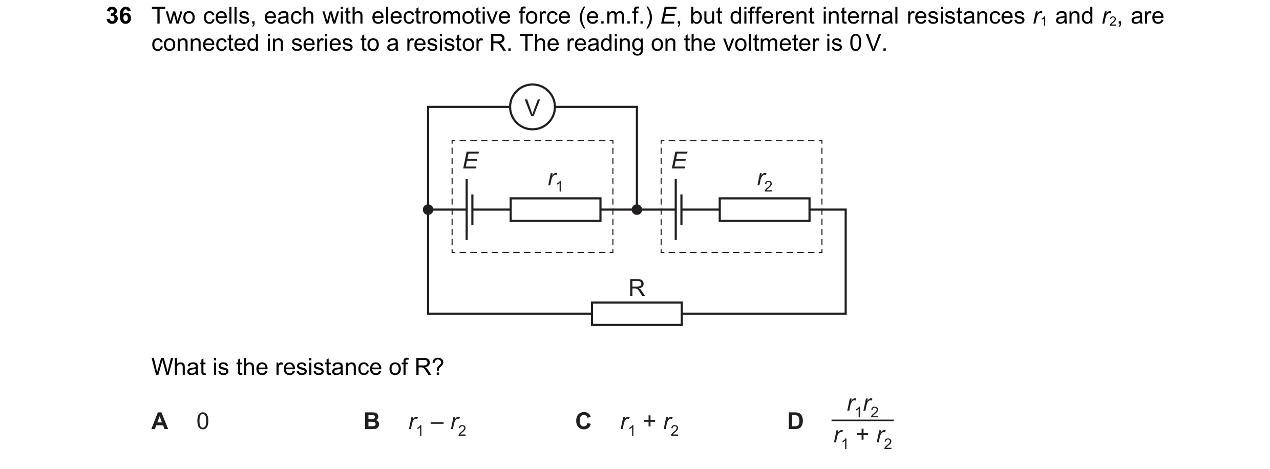 Question 34: Two cells, each with electromotive force (e.m.f.) E, but different internal resistances r1 and r2, are connected in series to a resistor R.…
