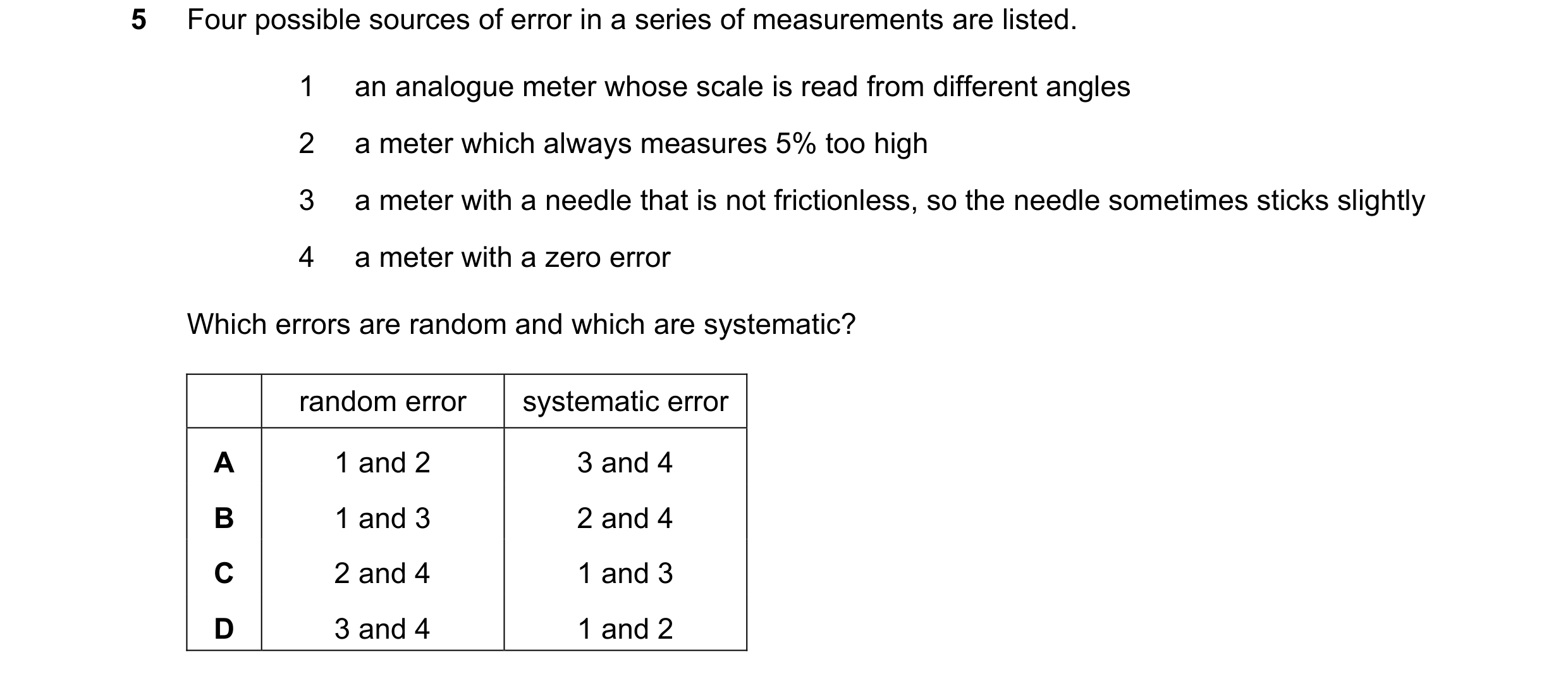 Question 86: Four possible sources of error in a series of measurements are listed. 1 an analogue meter whose scale is read from different angles 2 a me…