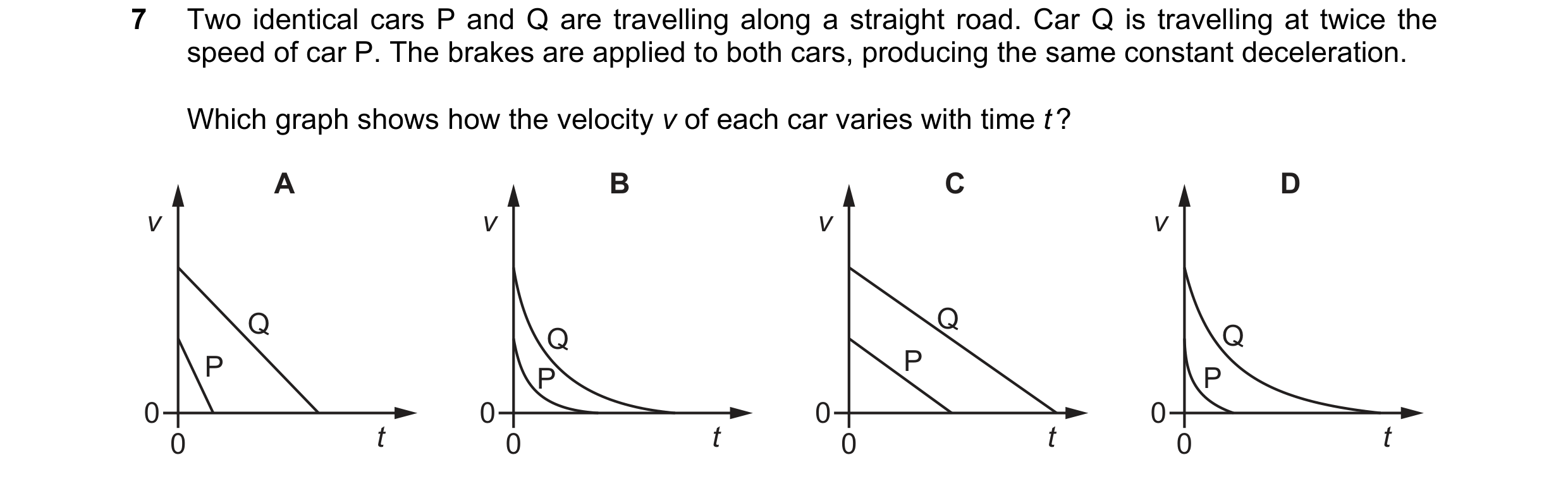 Question 133: Two identical cars P and Q are travelling along a straight road. Car Q is travelling at twice the speed of car P. The brakes are applied to…