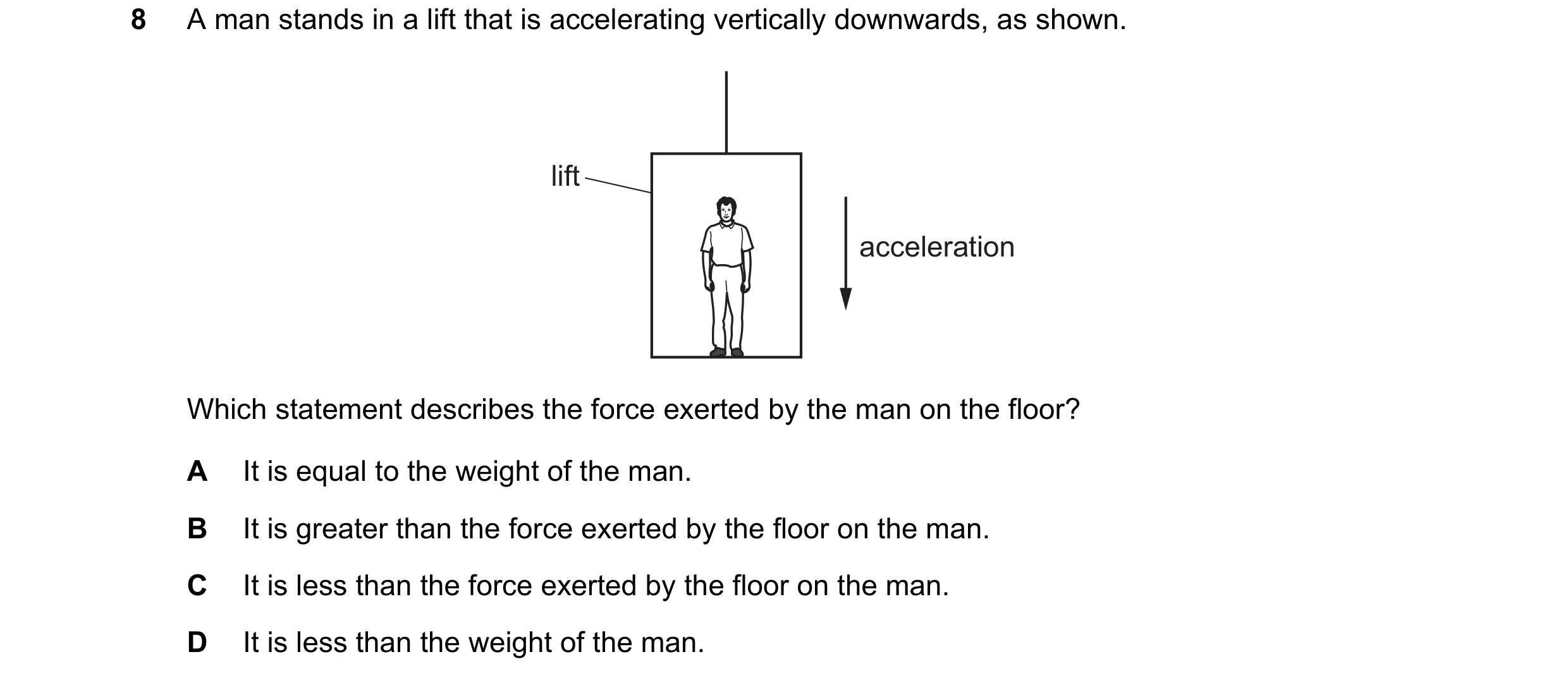 Question 90: A man stands in a lift that is accelerating vertically downwards, as shown. lift acceleration Which statement describes the force exerted b…