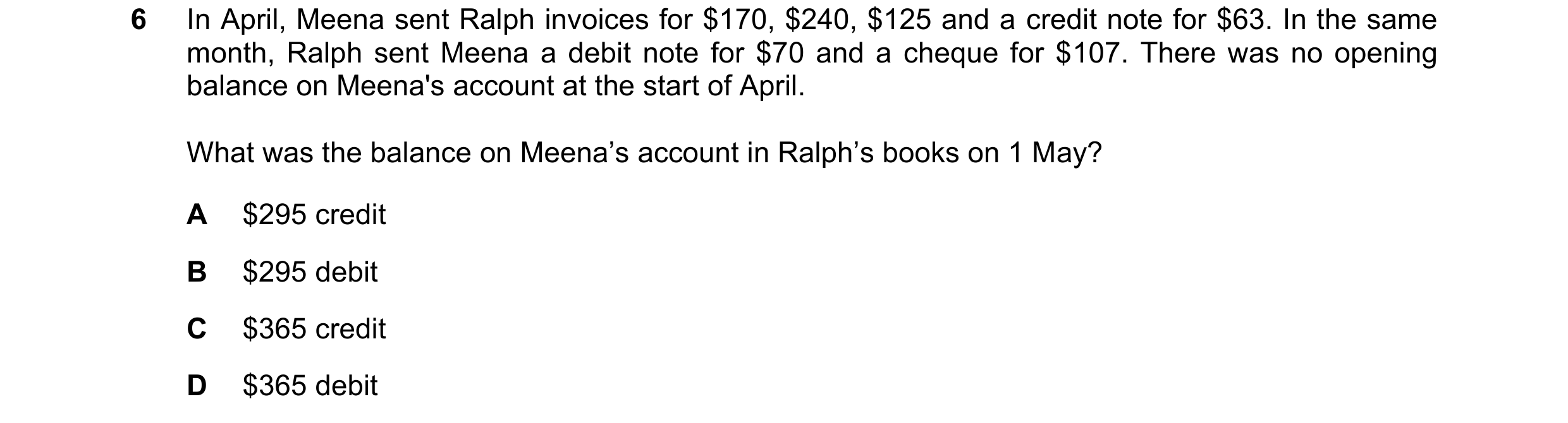 Question 42: In April, Meena sent Ralph invoices for $170, $240, $125 and a credit note for $63. In the same month, Ralph sent Meena a debit note for $7…