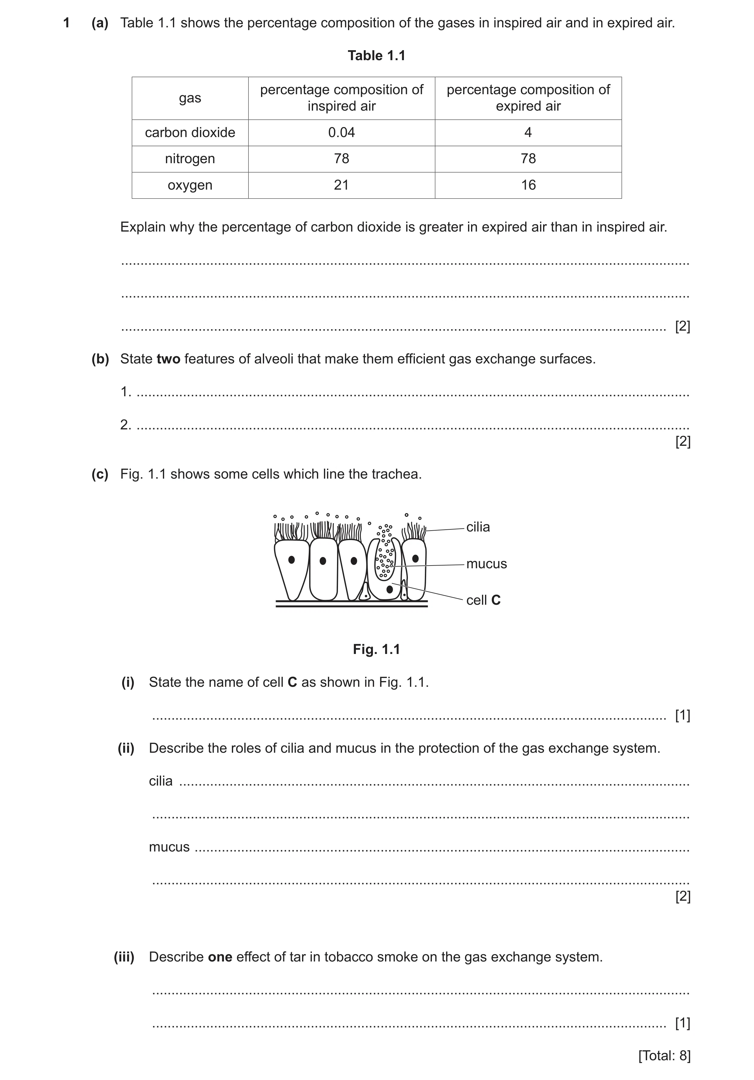 Question 9: (a) Table 1.1 shows the percentage composition of the gases in inspired air and in expired air. Table 1.1 percentage composition of percent…