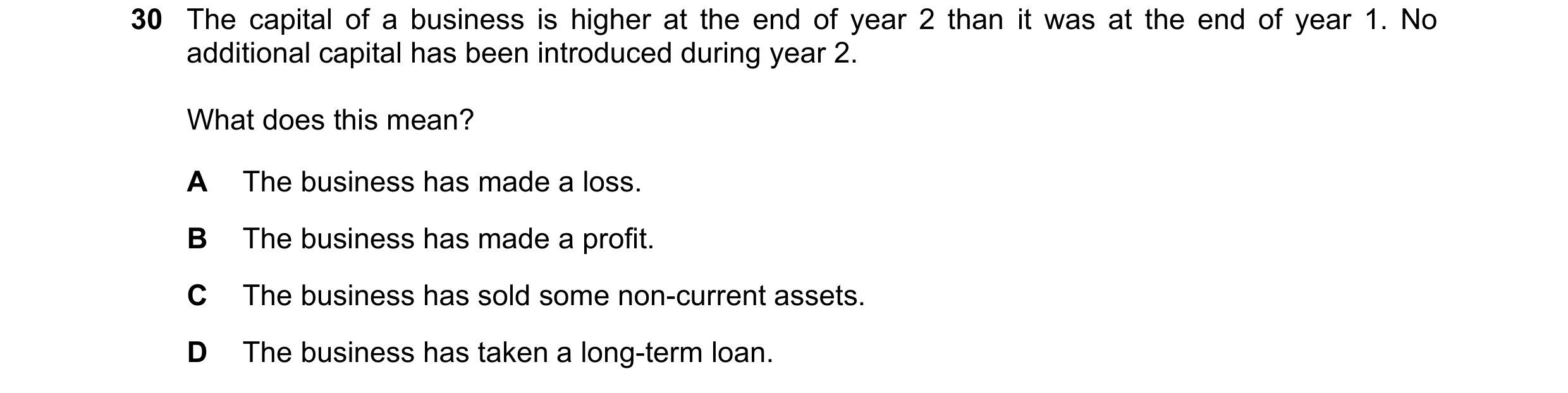 Question 30: The capital of a business is higher at the end of year 2 than it was at the end of year 1. No additional capital has been introduced during…
