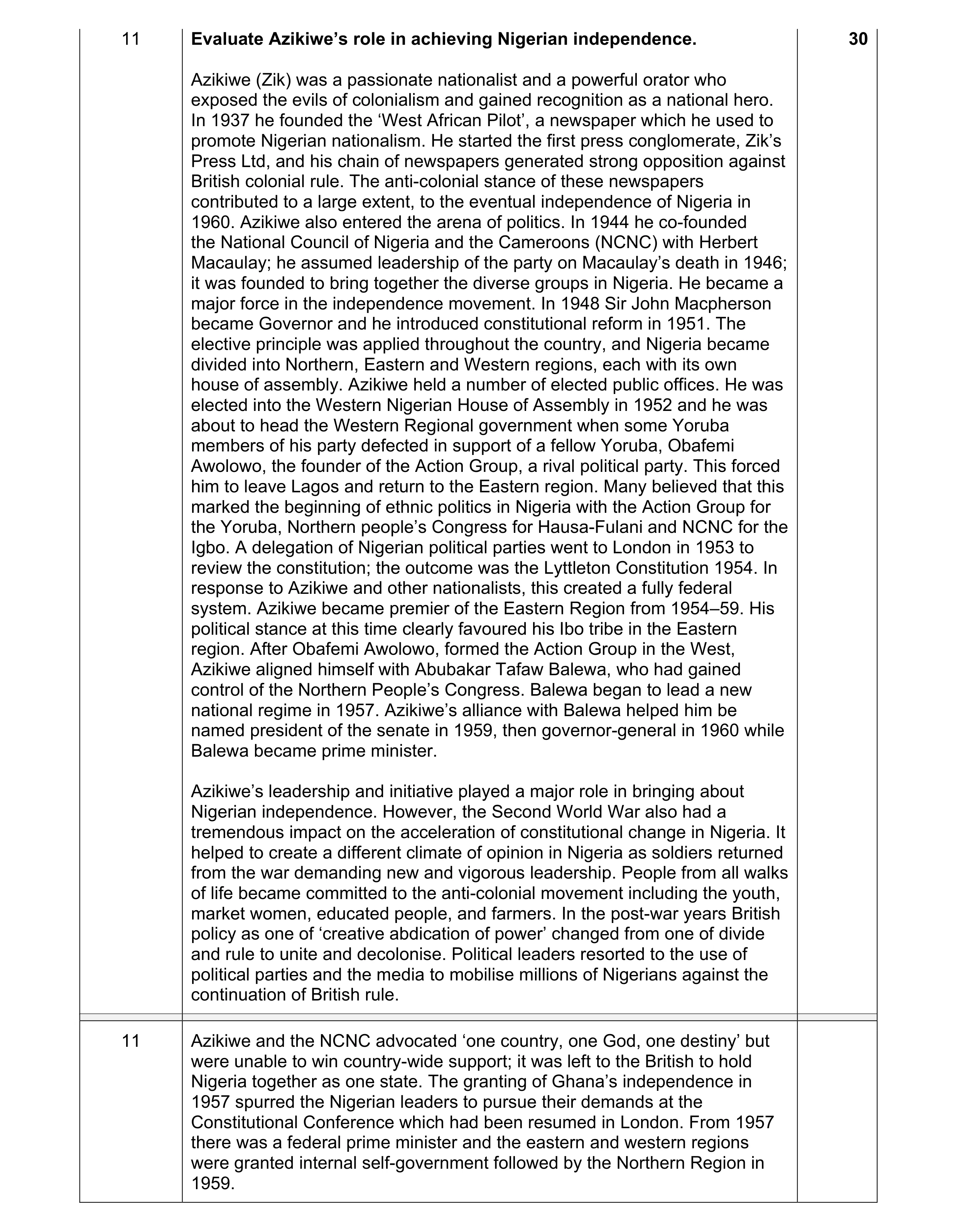 Mark scheme for question 8