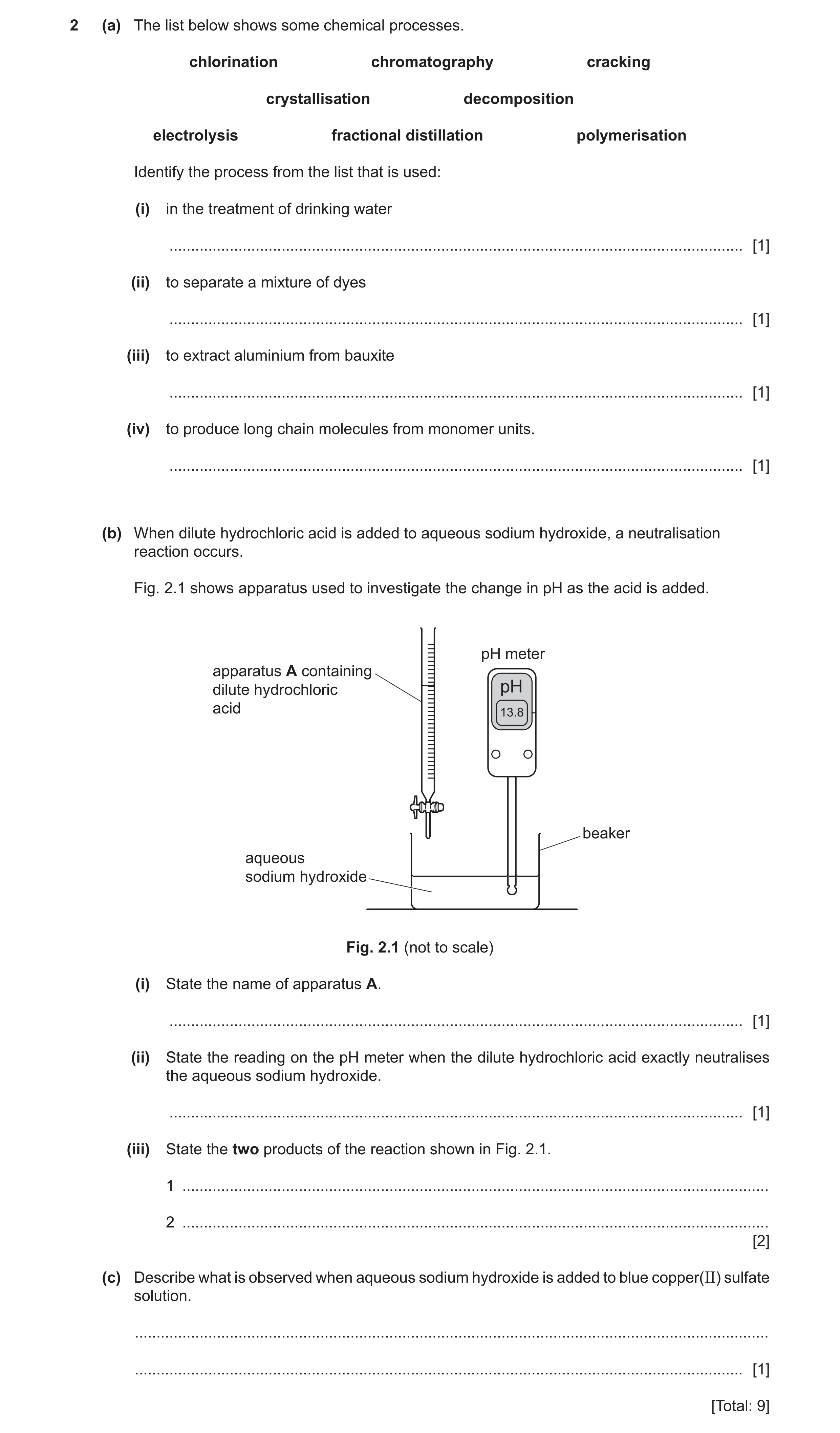 Question 20: (a) The list below shows some chemical processes. chlorination chromatography cracking crystallisation decomposition electrolysis fractiona…