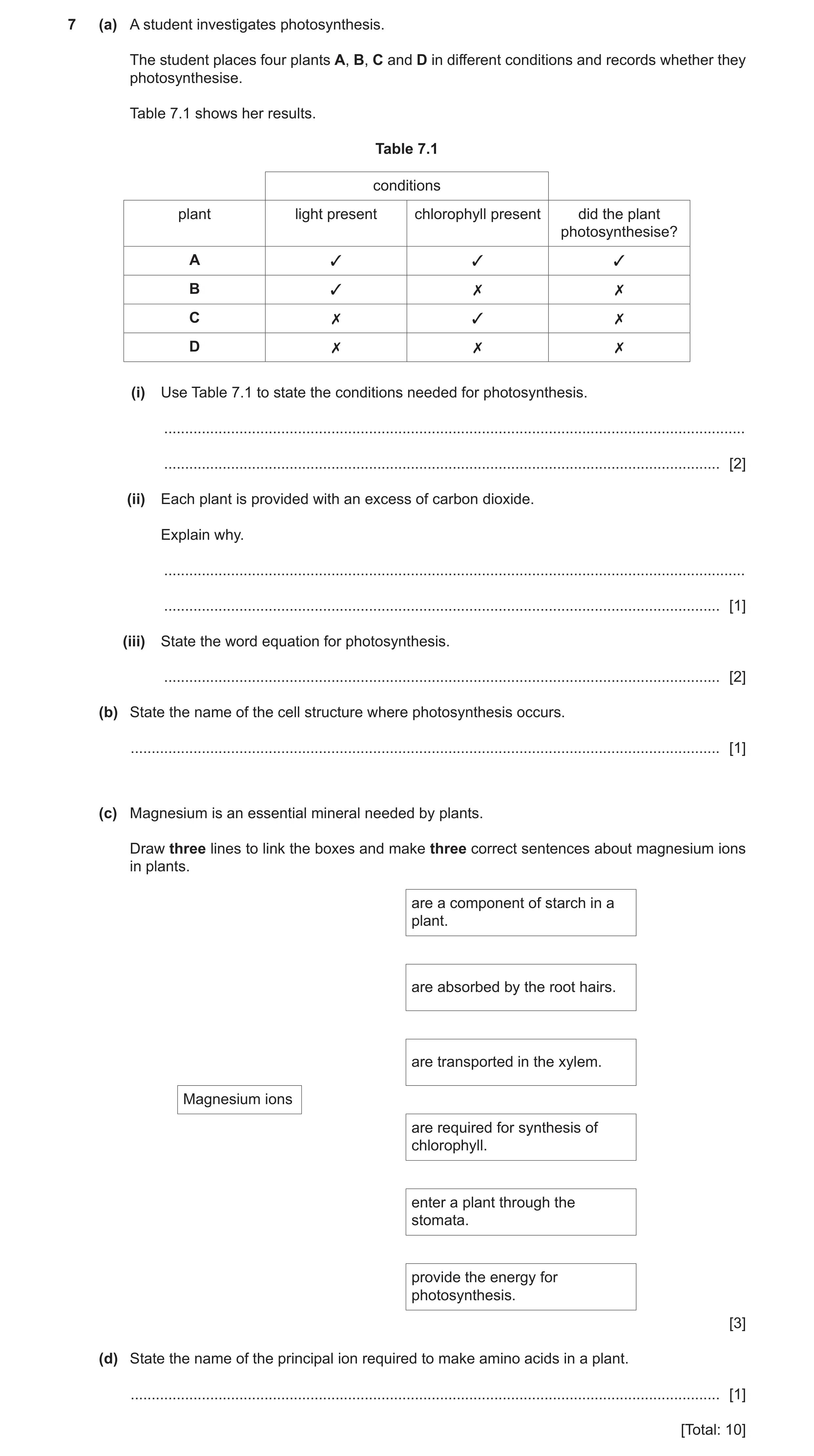 Question 16: (a) A student investigates photosynthesis. The student places four plants A, B, C and D in different conditions and records whether they ph…