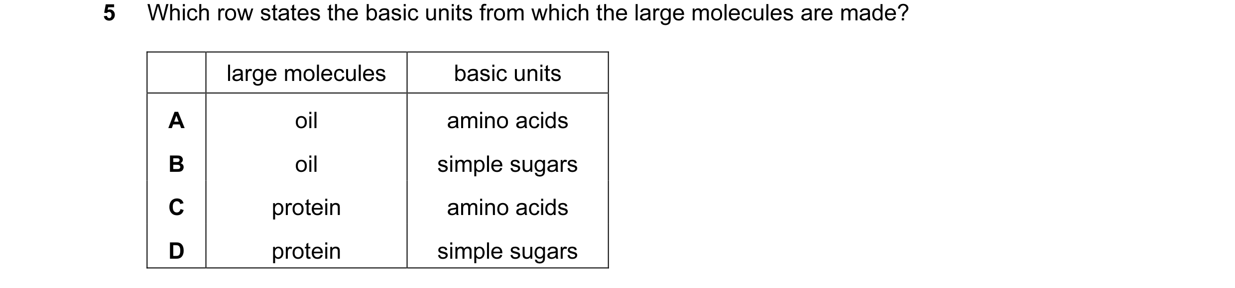 Question 22: Which row states the basic units from which the large molecules are made? large molecules basic units A oil amino acids B oil simple sugars…