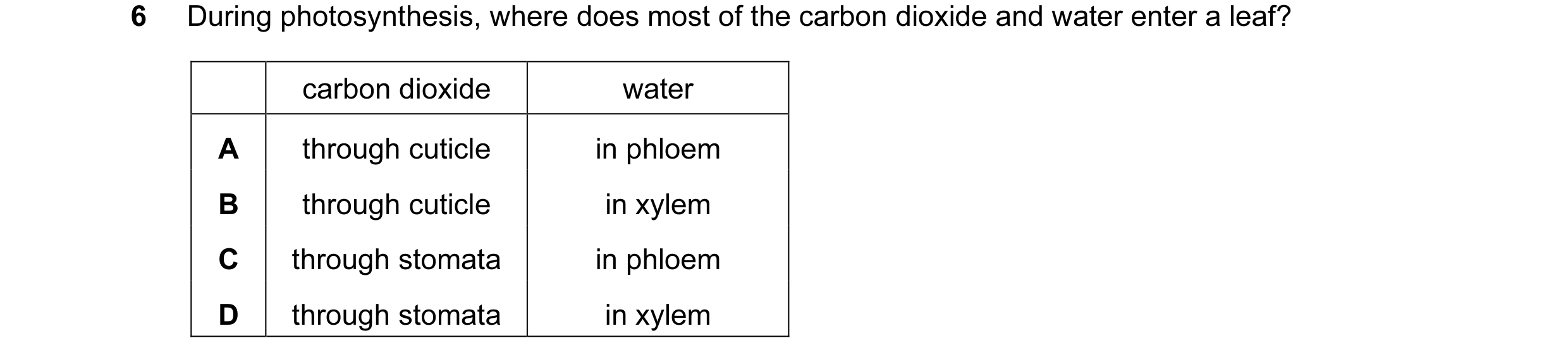 Question 24: During photosynthesis, where does most of the carbon dioxide and water enter a leaf? carbon dioxide water A through cuticle in phloem B thr…