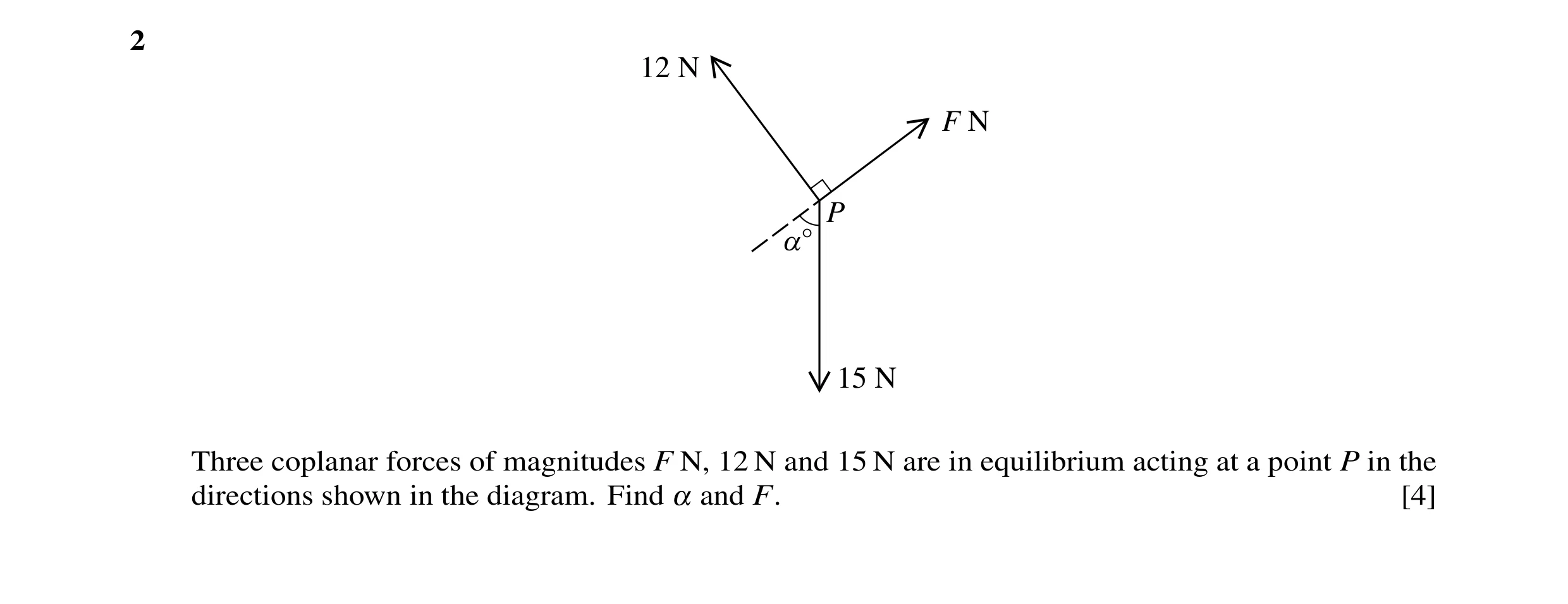 Question 48: 12 N F N P a° 15 N Three coplanar forces of magnitudes F N, 12 N and 15 N are in equilibrium acting at a point P in the directions shown in…