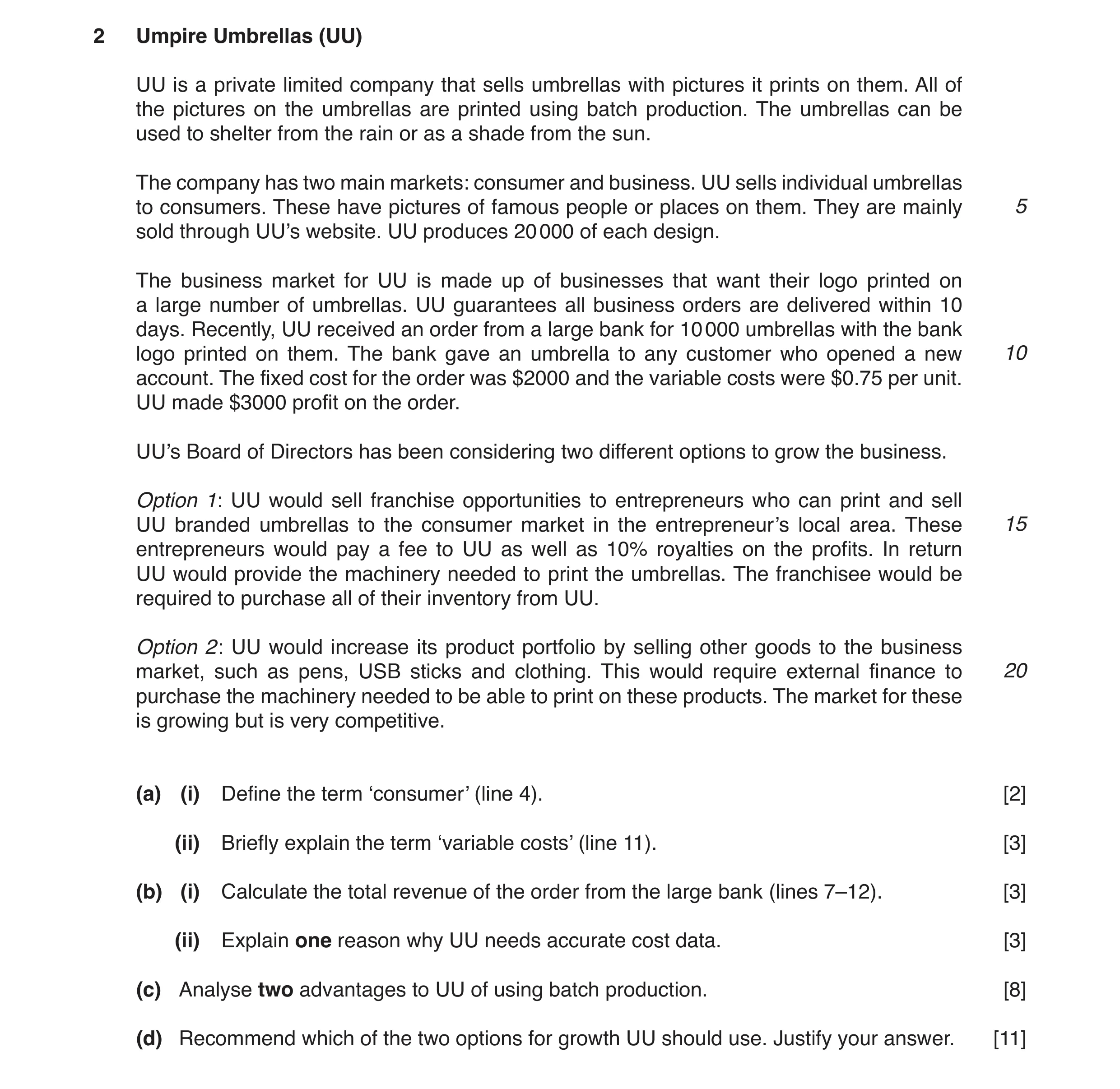 Question 6: Umpire Umbrellas (UU) UU is a private limited company that sells umbrellas with pictures it prints on them. All of the pictures on the umbr…