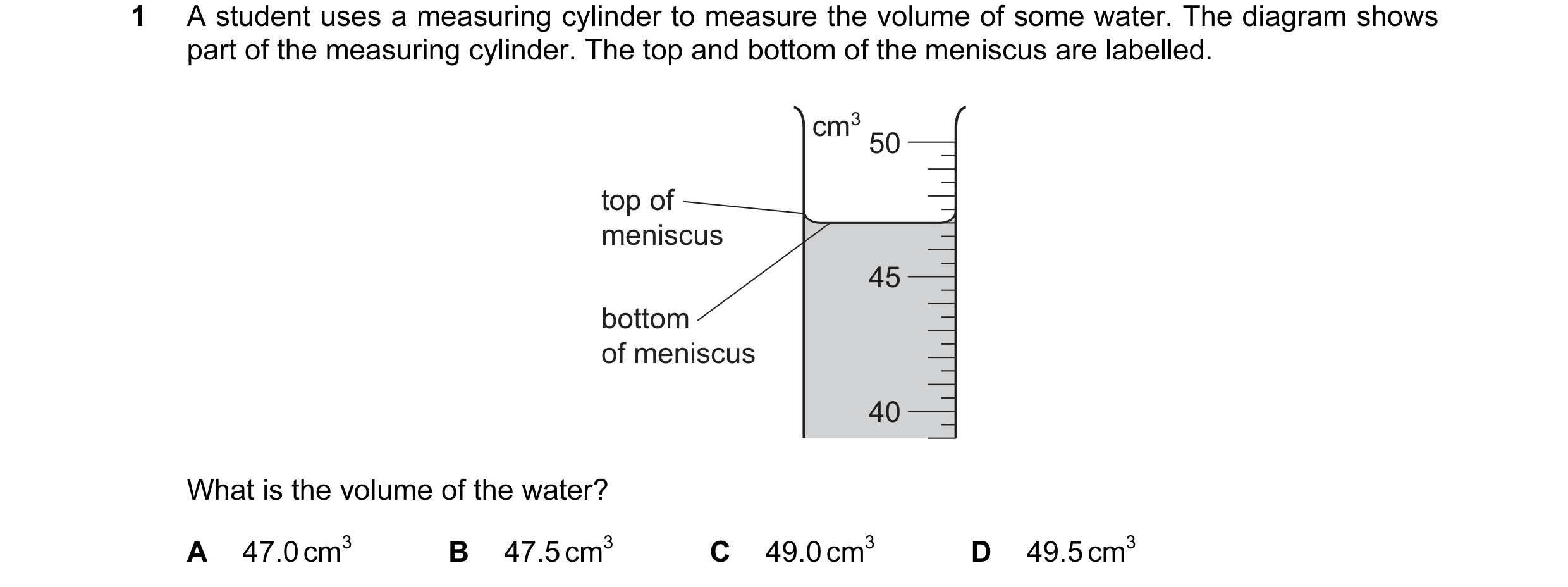 Question 81: A student uses a measuring cylinder to measure the volume of some water. The diagram shows part of the measuring cylinder. The top and bott…