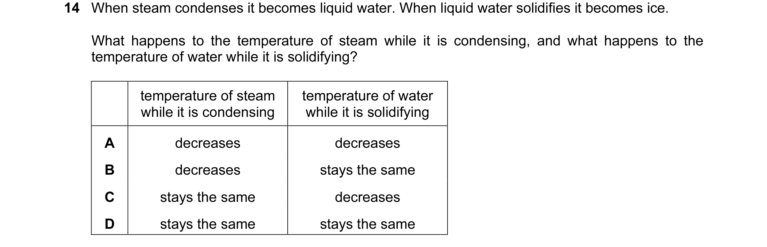 Question 88: When steam condenses it becomes liquid water. When liquid water solidifies it becomes ice. What happens to the temperature of steam while i…