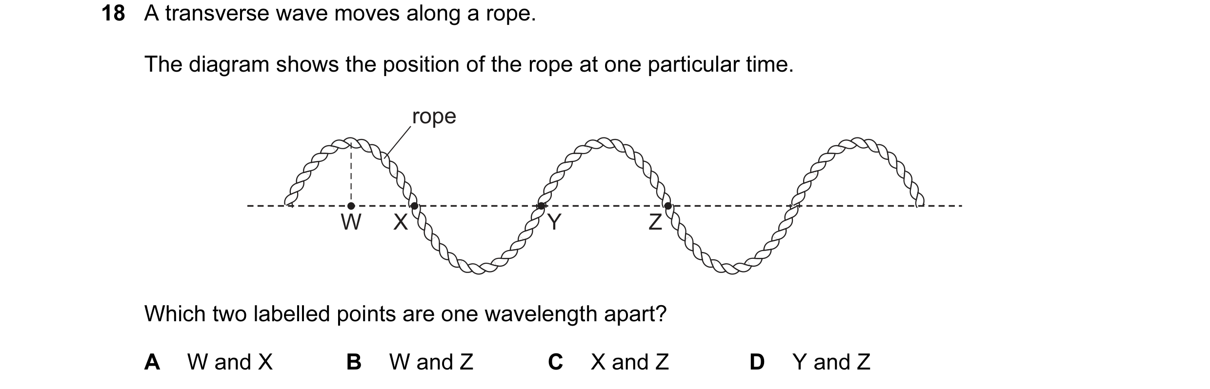 Question 96: A transverse wave moves along a rope. The diagram shows the position of the rope at one particular time. rope W X Y Z Which two labelled po…
