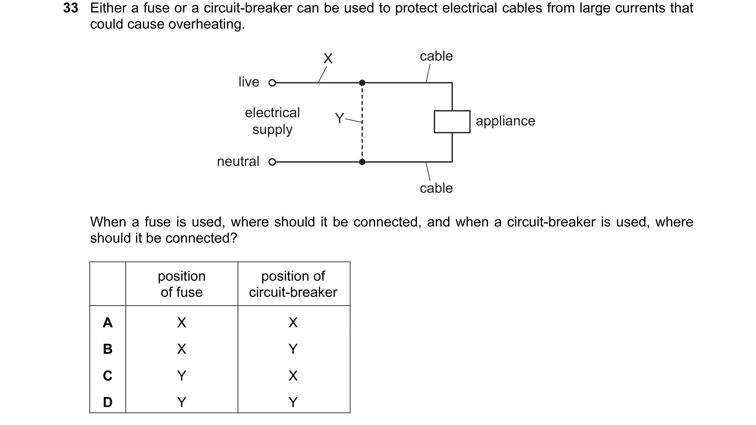 Question 49: Either a fuse or a circuit-breaker can be used to protect electrical cables from large currents that could cause overheating. X cable live …