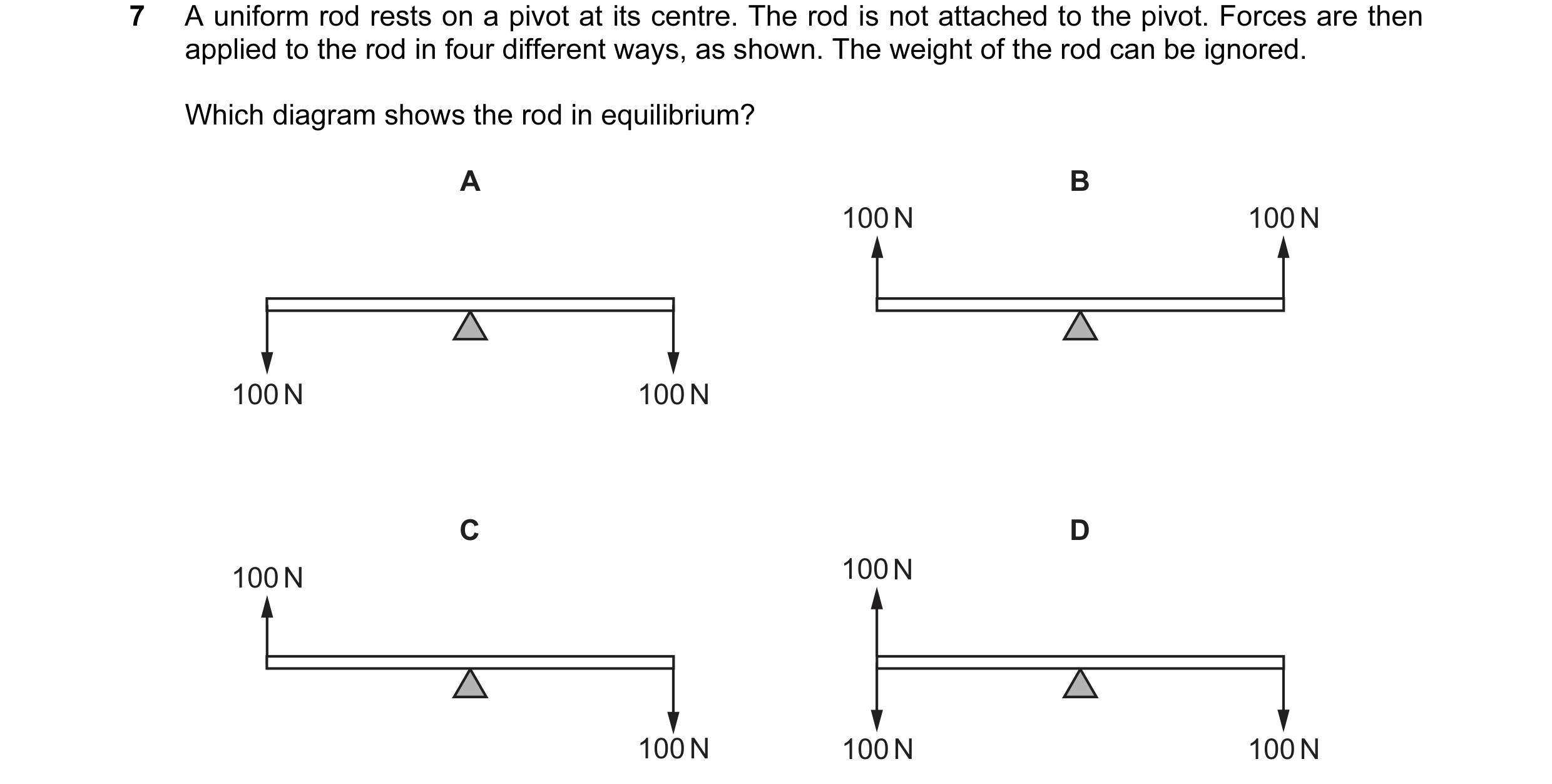 Question 102: A uniform rod rests on a pivot at its centre. The rod is not attached to the pivot. Forces are then applied to the rod in four different wa…