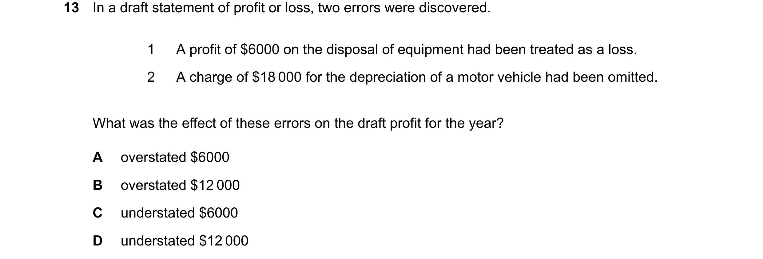 Question 271: In a draft statement of profit or loss, two errors were discovered. 1 A profit of $6000 on the disposal of equipment had been treated as a …